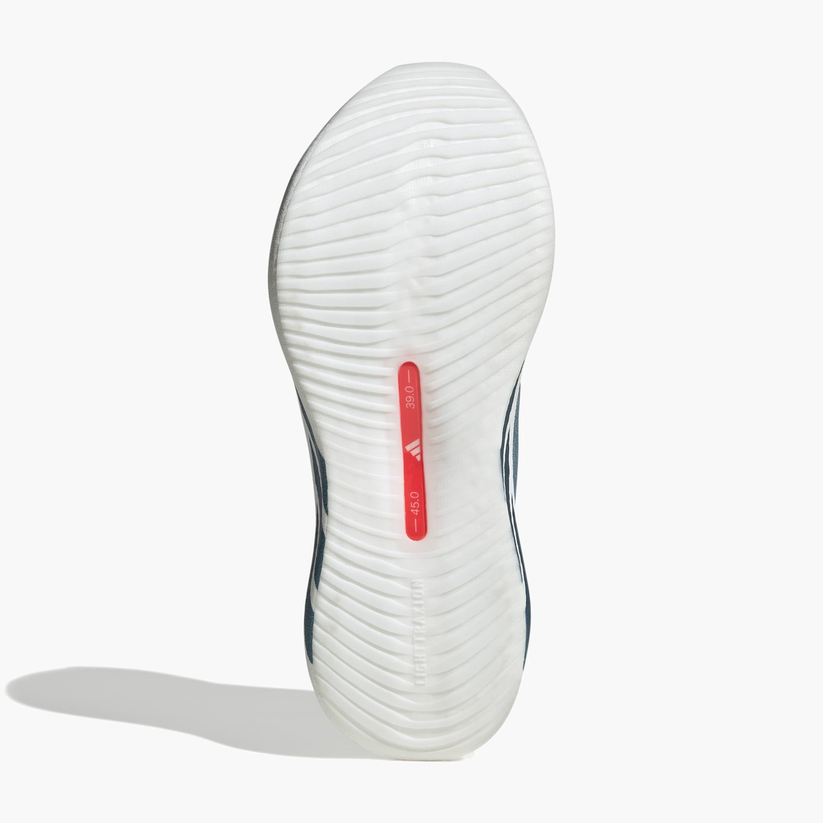 Sole angle shot of Women's Hyperboost Edge in Ftwr White / Petrol Met. / Lucid Red