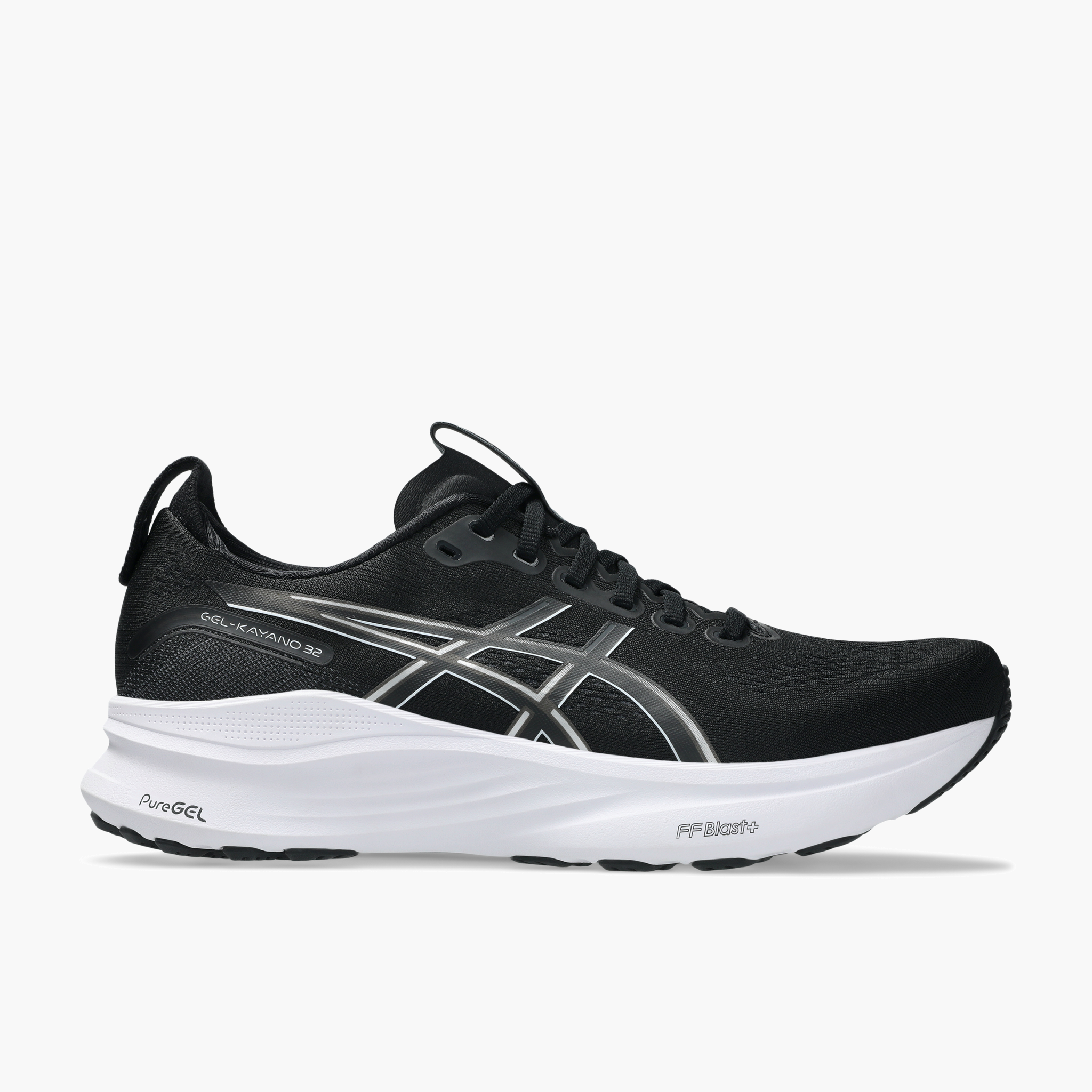Lateral angle shot of Men's Gel-Kayano 32 in Black / White