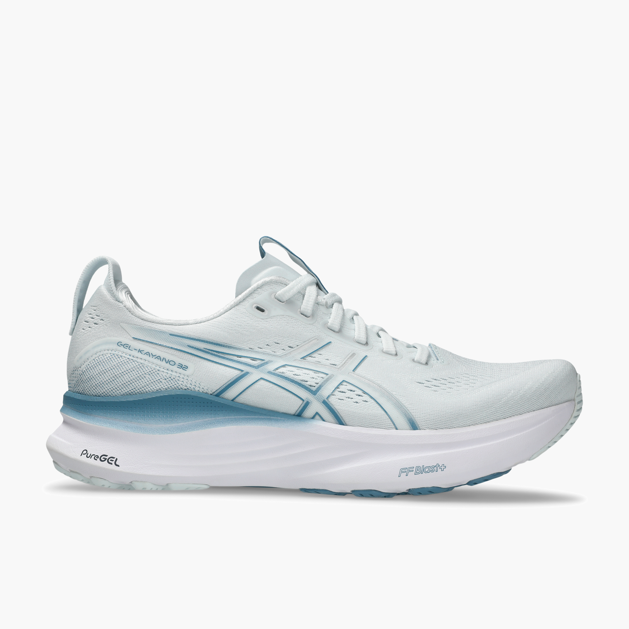 Lateral angle shot of Men's Gel-Kayano 32 in Arctic Blue / Pure Silver