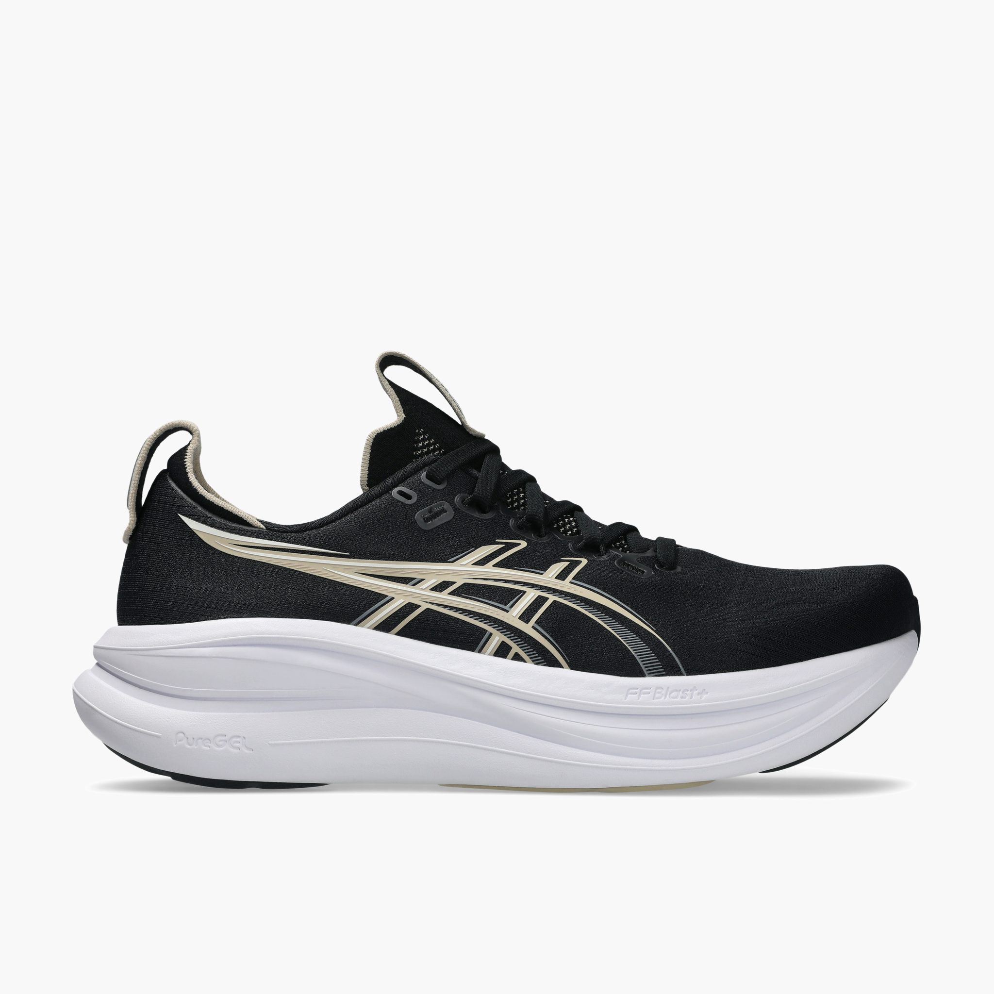 Lateral angle shot of Men's Gel-Nimbus 28 in Black / Feather Grey