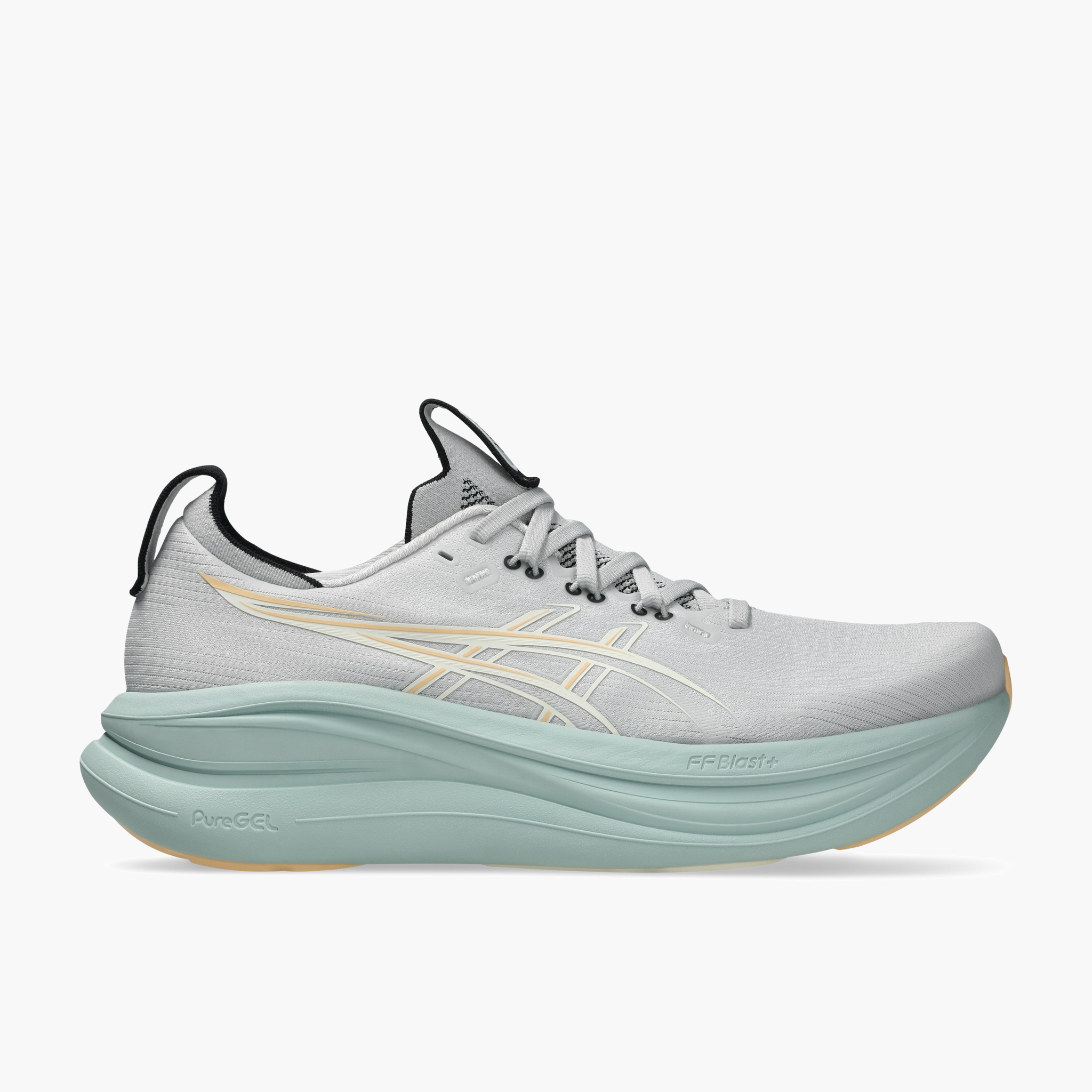 Lateral angle shot of Men's Gel-Nimbus 28 in Cloud Grey / Cream