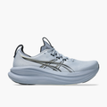 Lateral angle shot of Men's Gel-Nimbus 28 in Grey Blue / Black