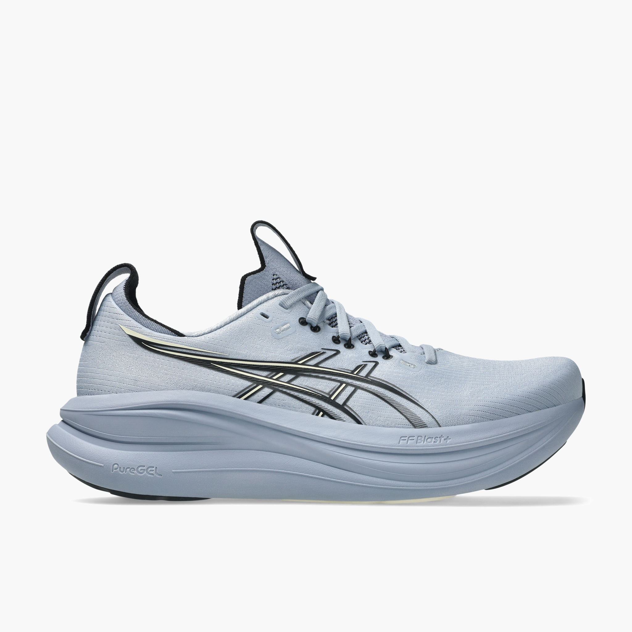 Lateral angle shot of Men's Gel-Nimbus 28 in Grey Blue / Black