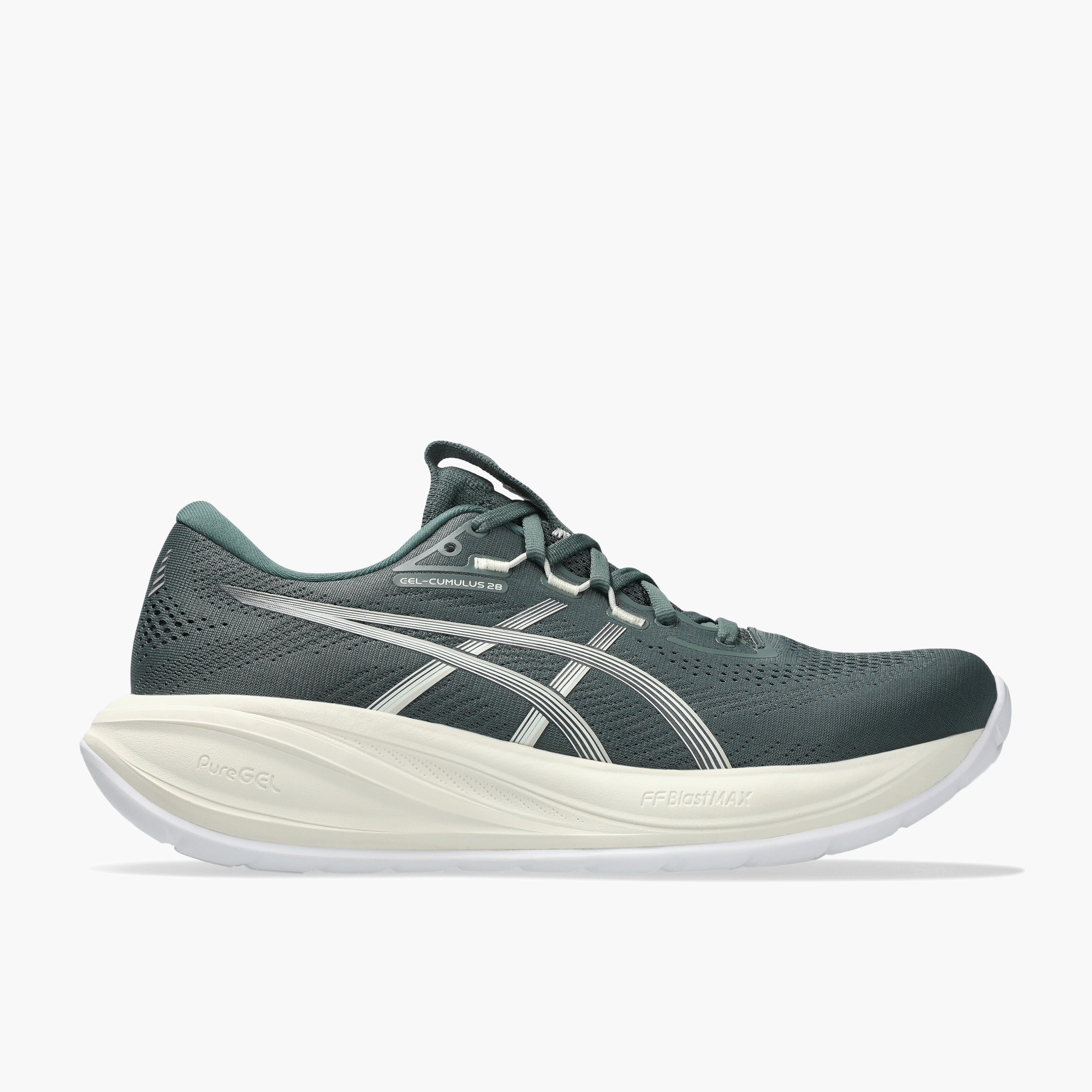 Lateral angle shot of Men's Gel-Cumulus 28 in Dusty Fern / Ivory