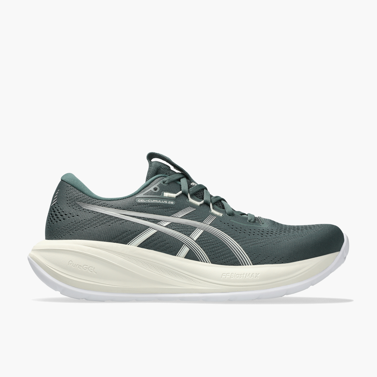Lateral angle shot of Men's Gel-Cumulus 28 in Dusty Fern / Ivory