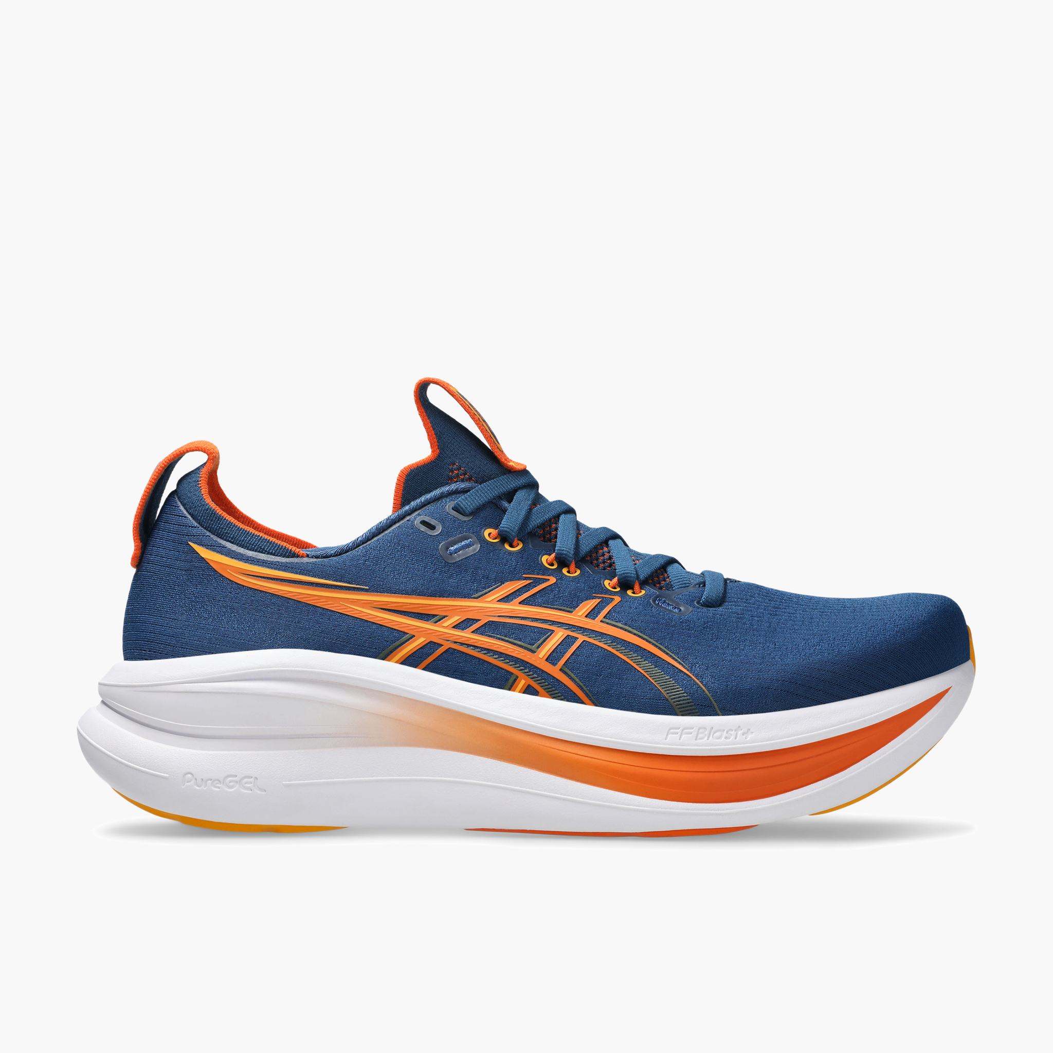 Lateral angle shot of Men's Gel-Nimbus 28 in Twilight Blue / Anzu
