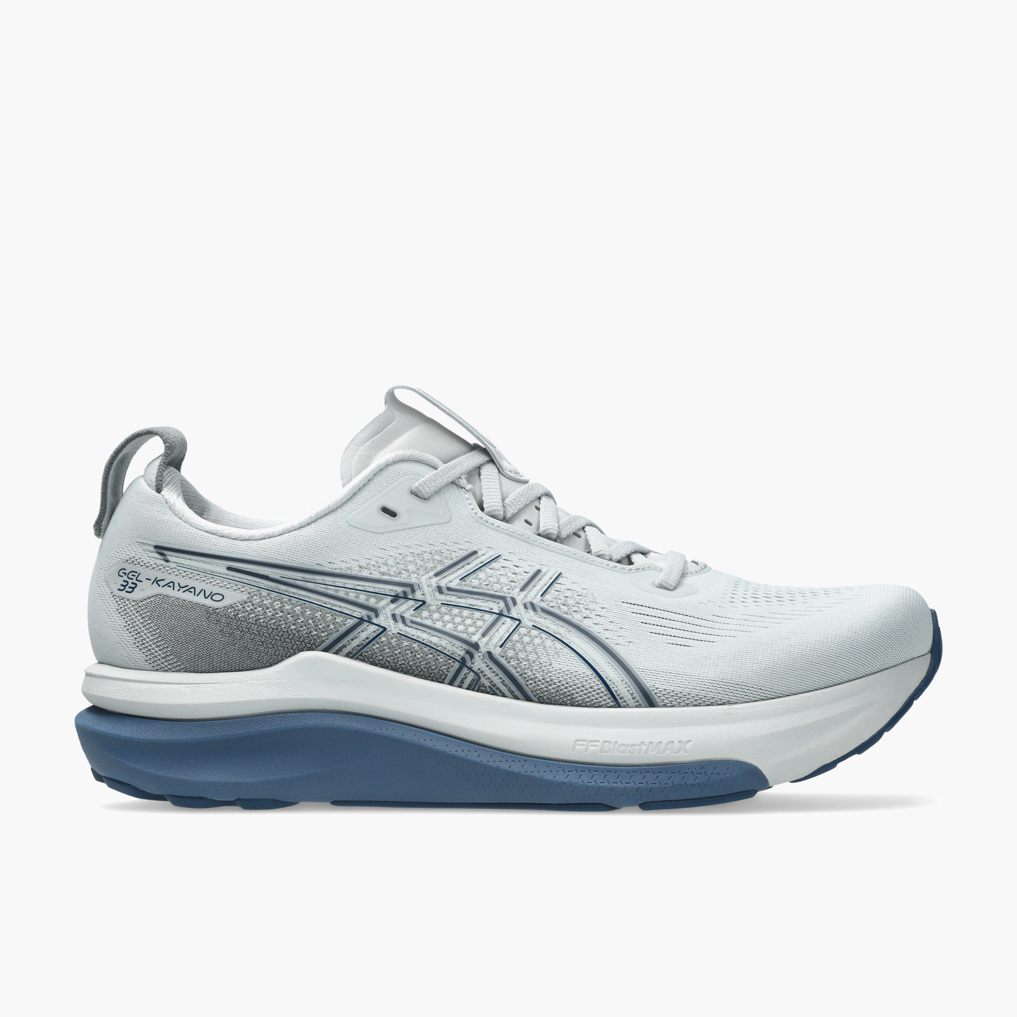 Lateral angle shot of Men's Gel-Kayano 33 in Piedmont Grey / Midnight