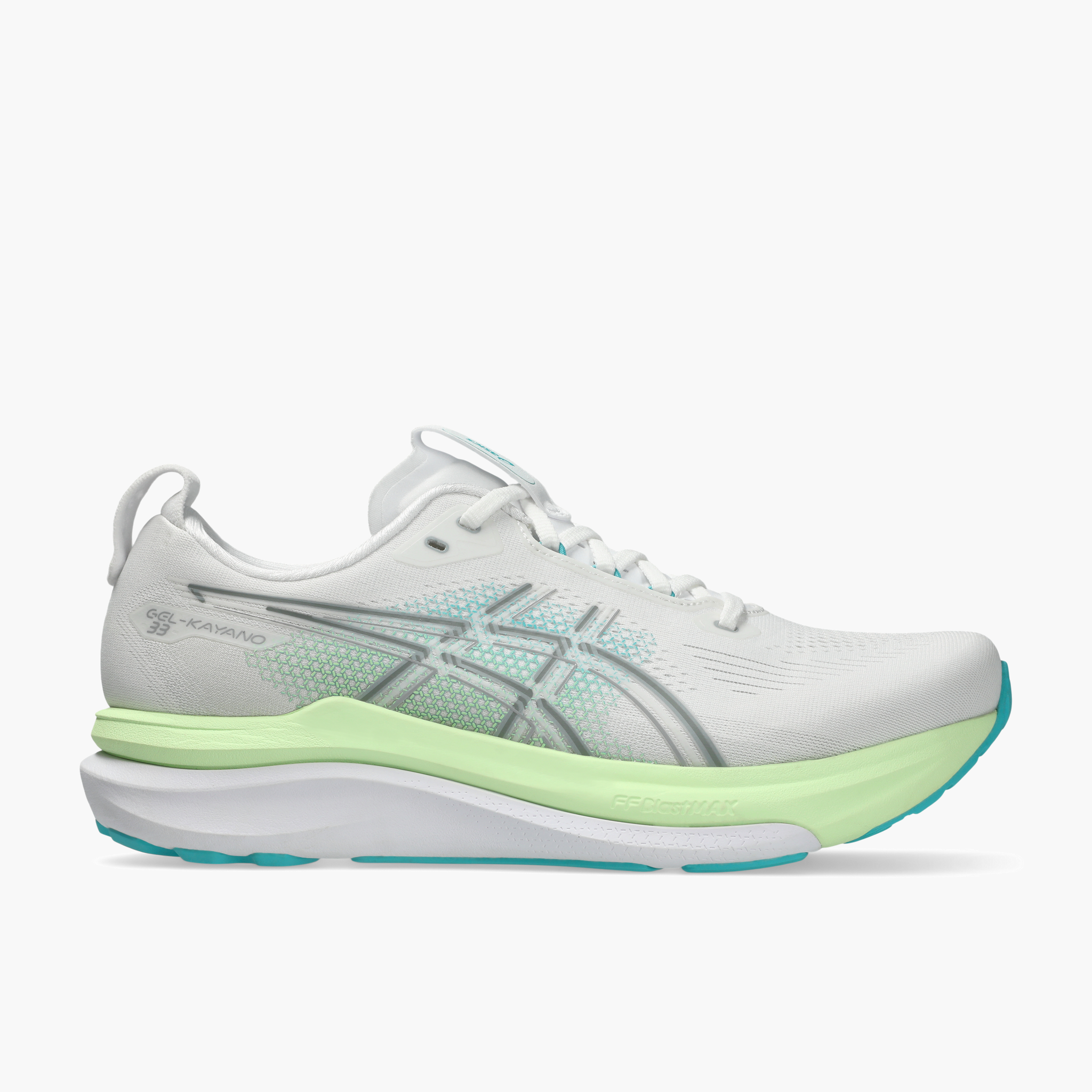 Lateral angle shot of Men's Gel-Kayano 33 in White / Energy Aqua