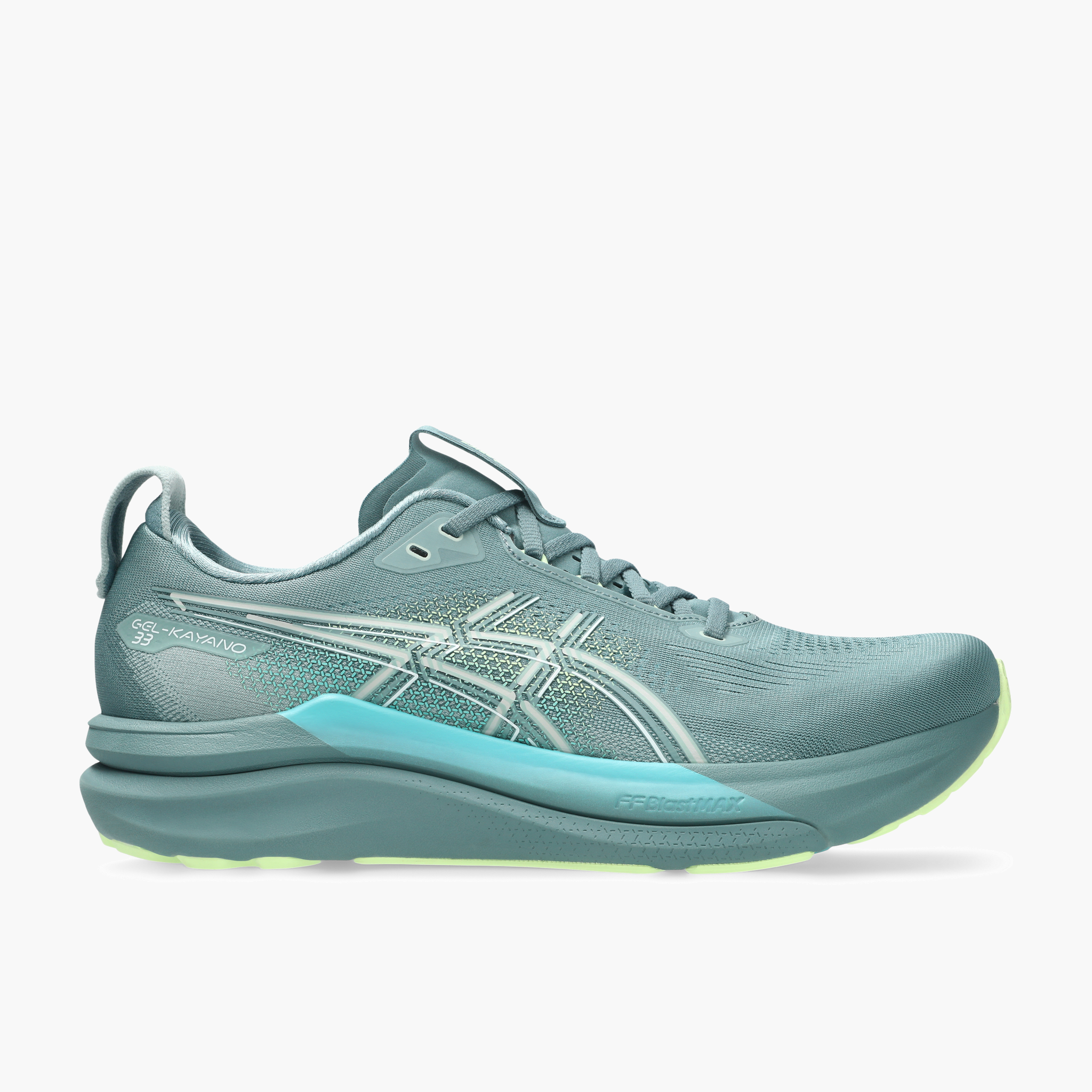Lateral angle shot of Men's Gel-Kayano 33 in Foggy Teal / Illuminate Yellow