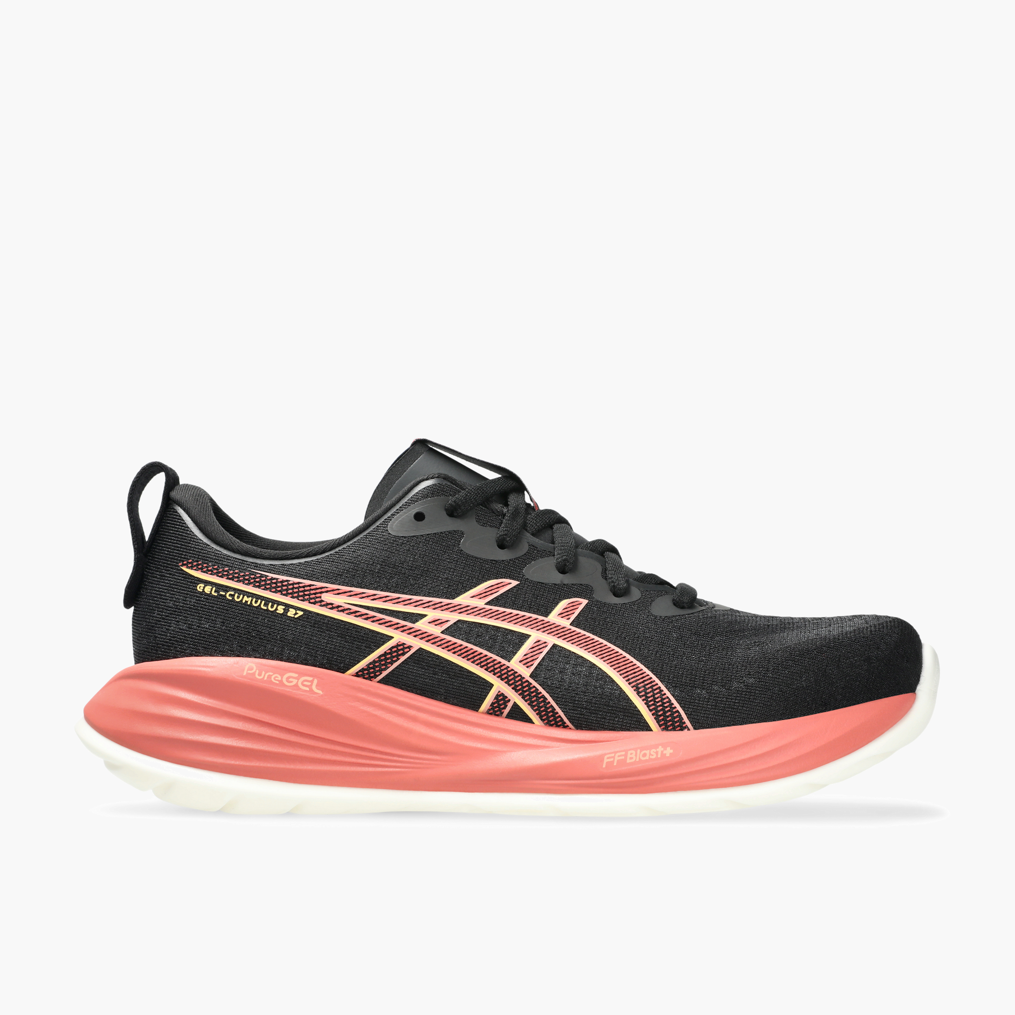 Lateral angle shot of Women's Gel-Cumulus 27 in Black / Orange Glow