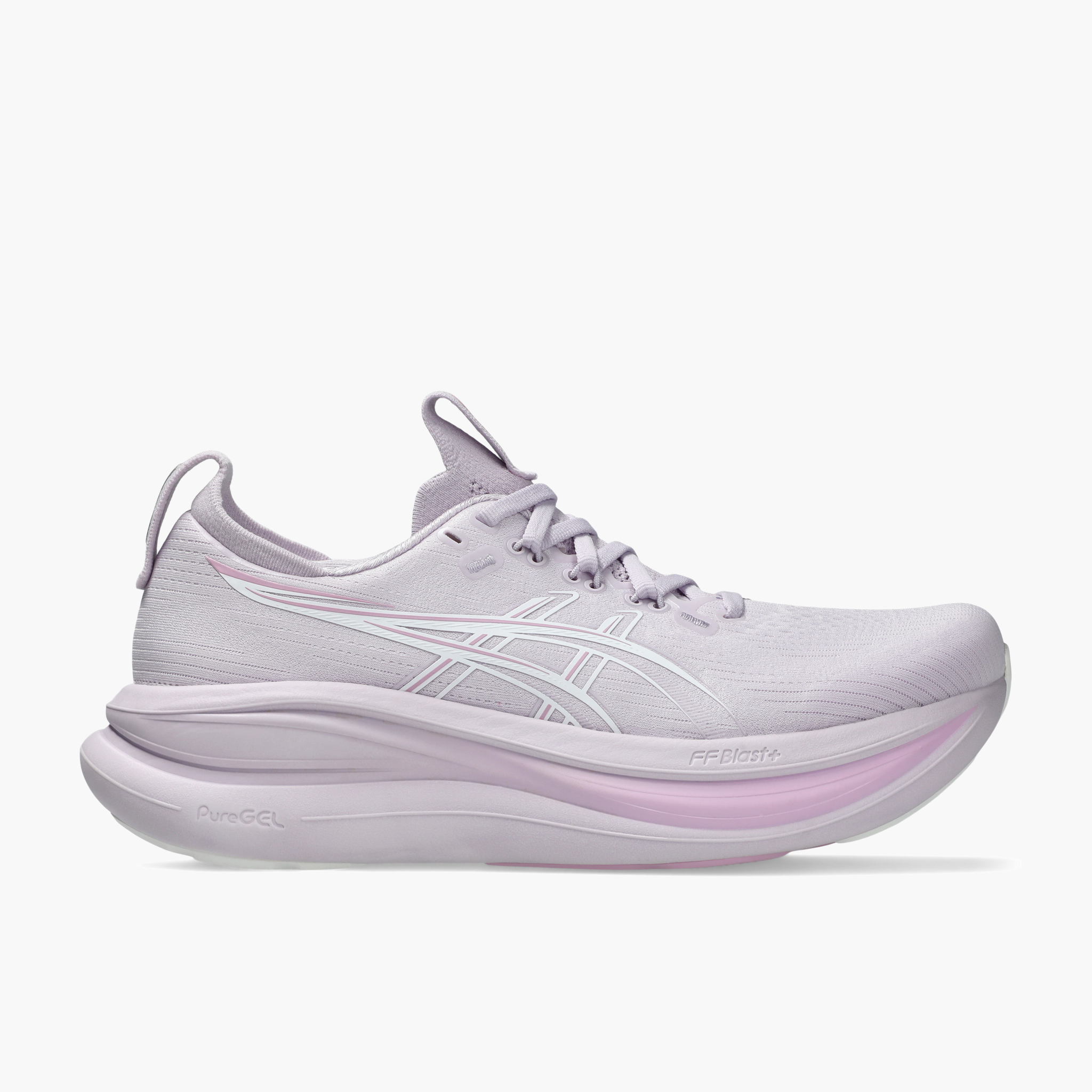Lateral angle shot of Women's Gel-Nimbus 28 in Dahlia / White