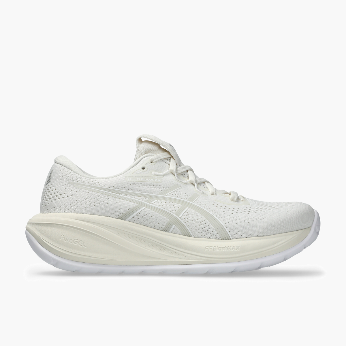 Lateral angle shot of Women's Gel-Cumulus 28 in Cream / Glacier Grey