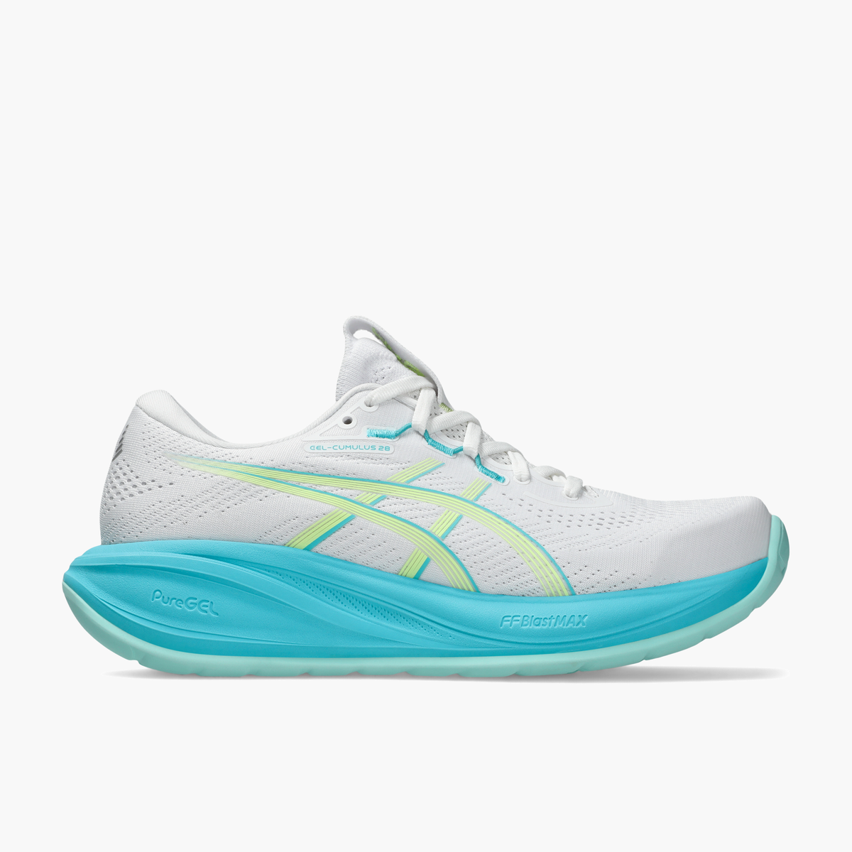 Lateral angle shot of Women's Gel-Cumulus 28 in White / Energy Aqua