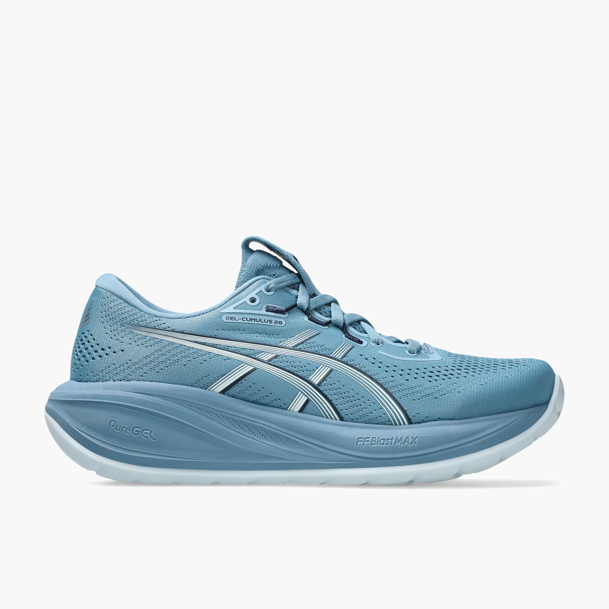 Lateral angle shot of Women's Gel-Cumulus 28 in Saba Blue / Arctic Blue