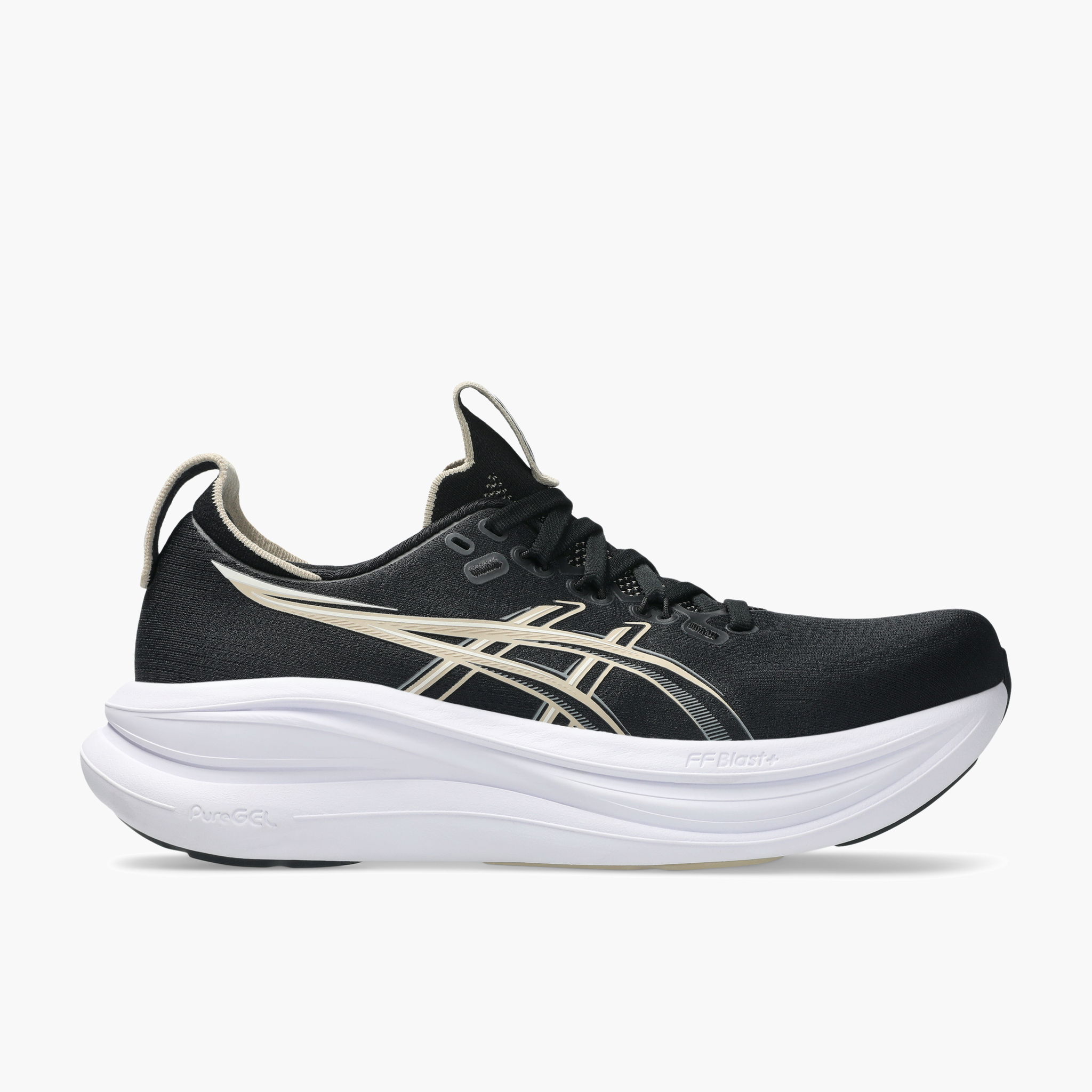 Lateral angle shot of Women's Gel-Nimbus 28 in Black / Feather Grey