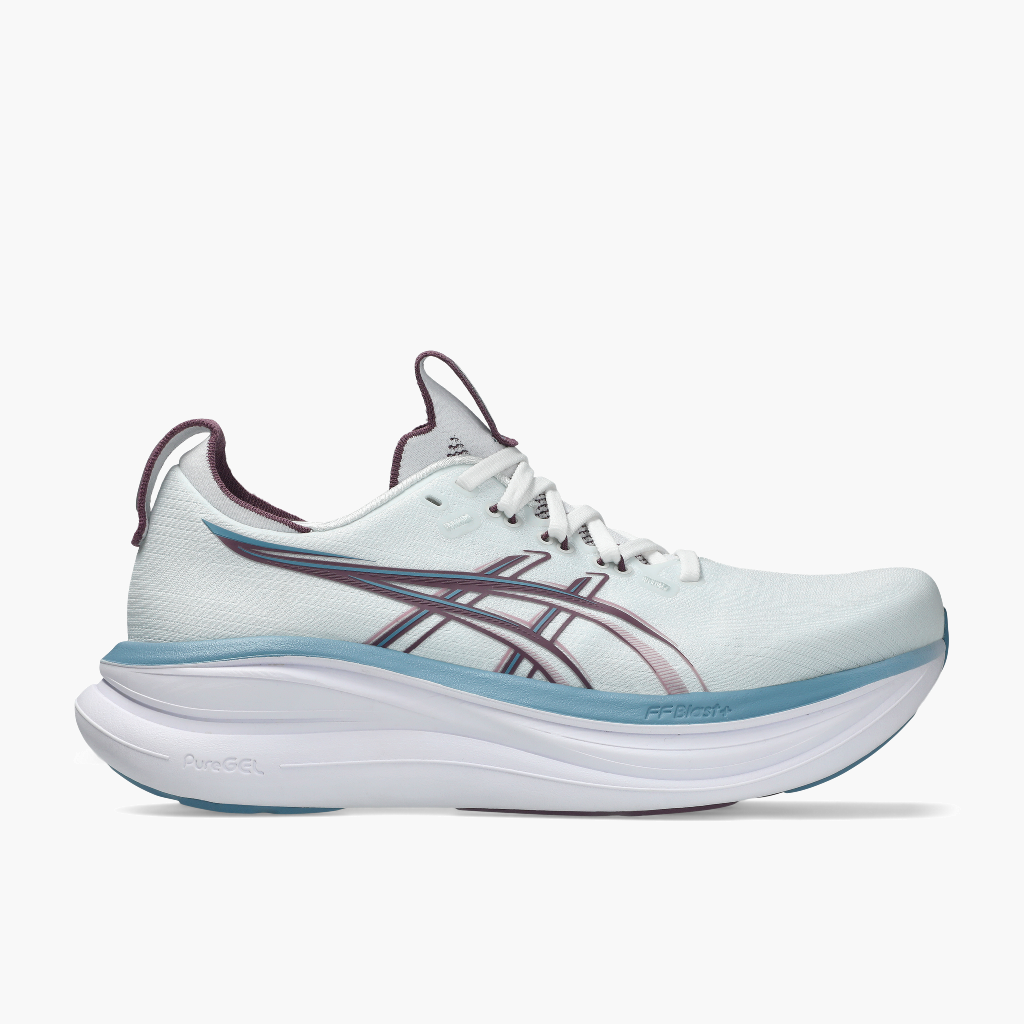 Lateral angle shot of Women's Gel-Nimbus 28 in Arctic Blue / Velvet Purple