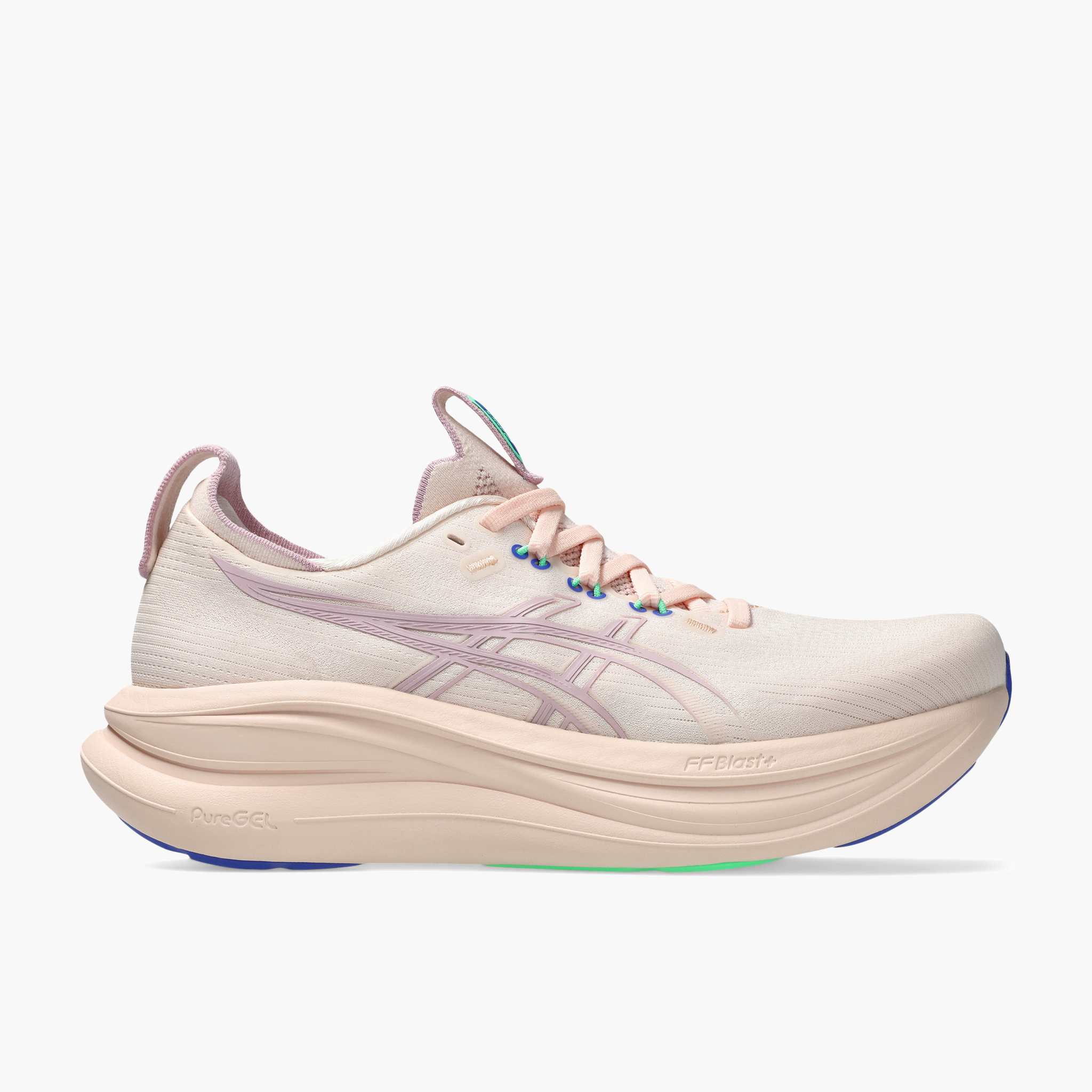 Lateral angle shot of Women's Gel-Nimbus 28 in Pearl Pink / Morganite