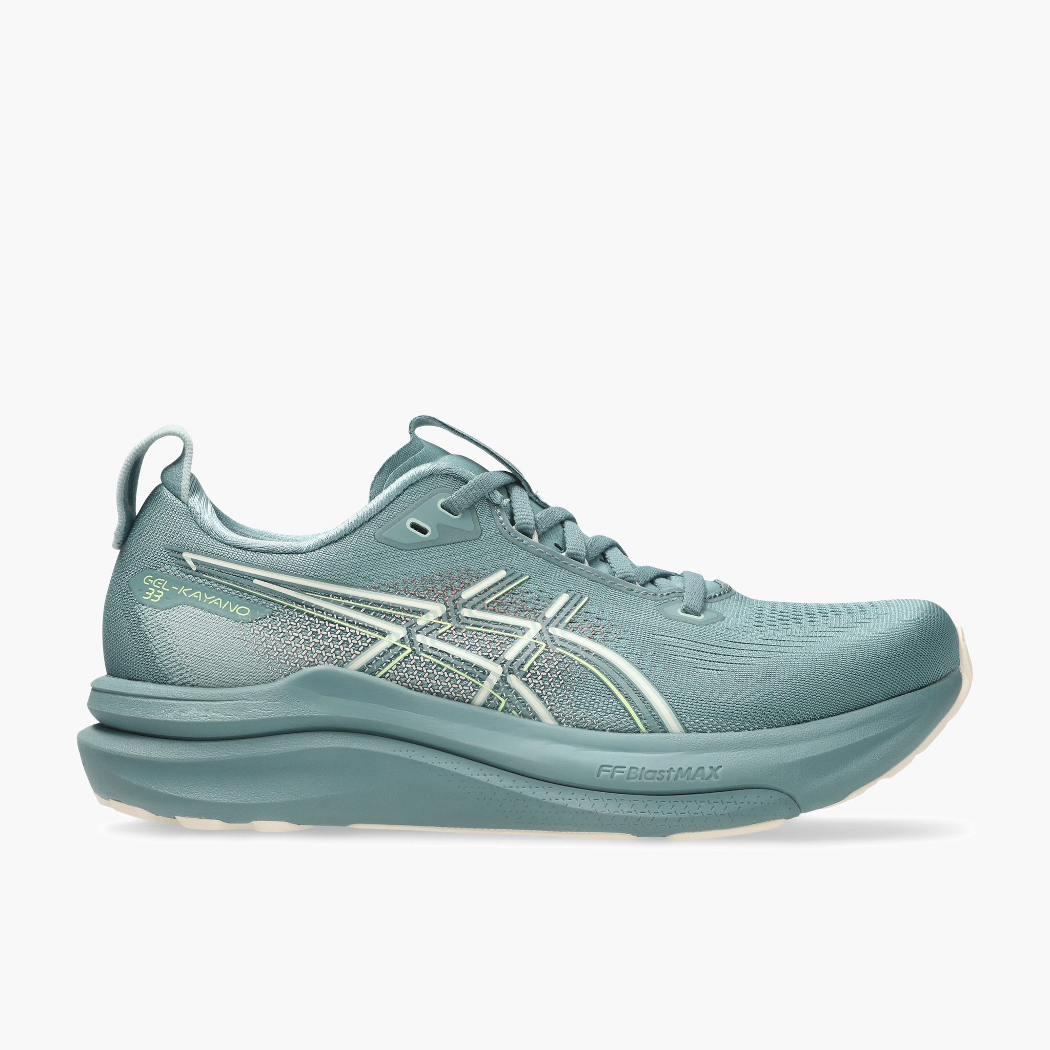 Lateral angle shot of Women's Gel-Kayano 33 in Foggy Teal / Rose Dust