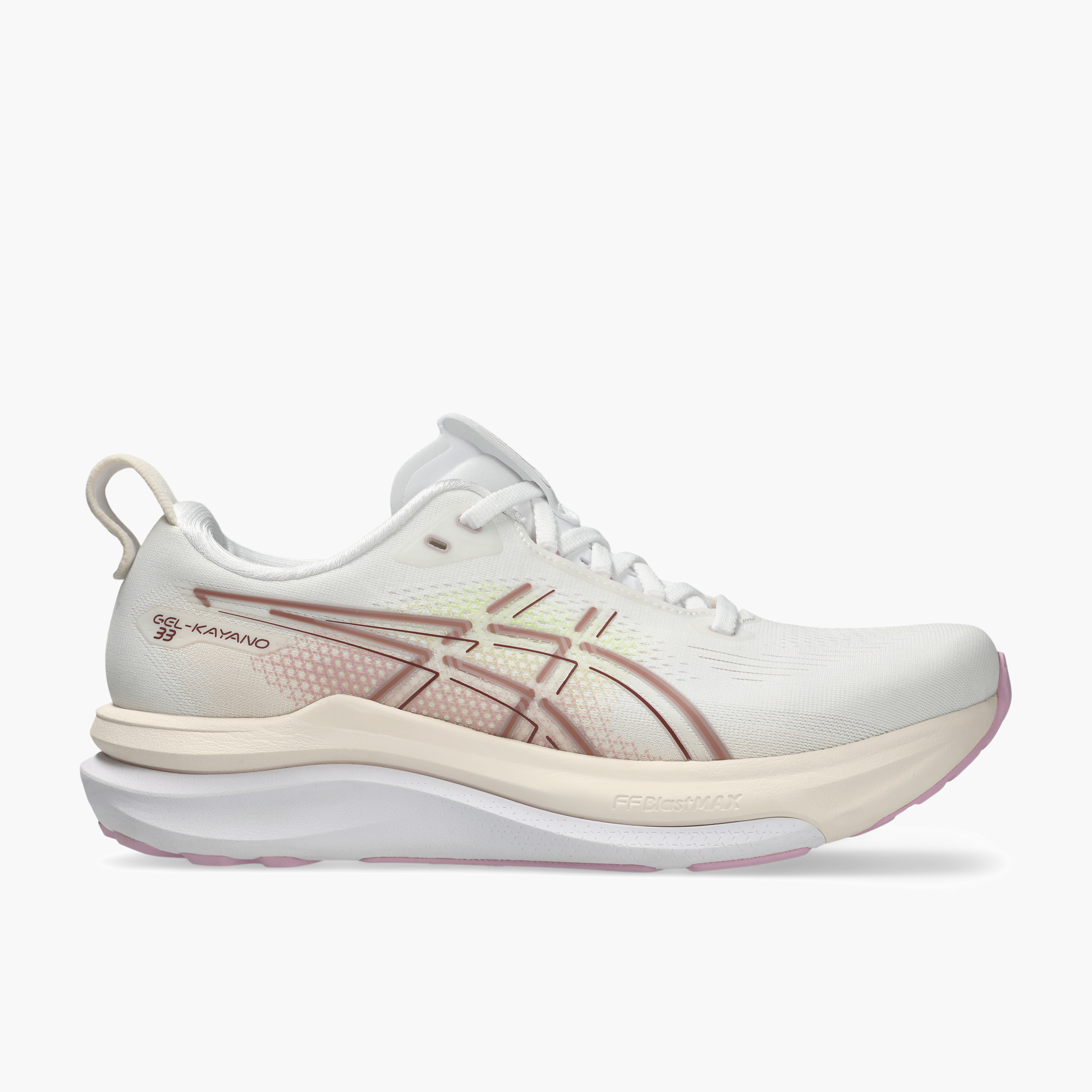 Lateral angle shot of Women's Gel-Kayano 33 in White / Hazy Lilac