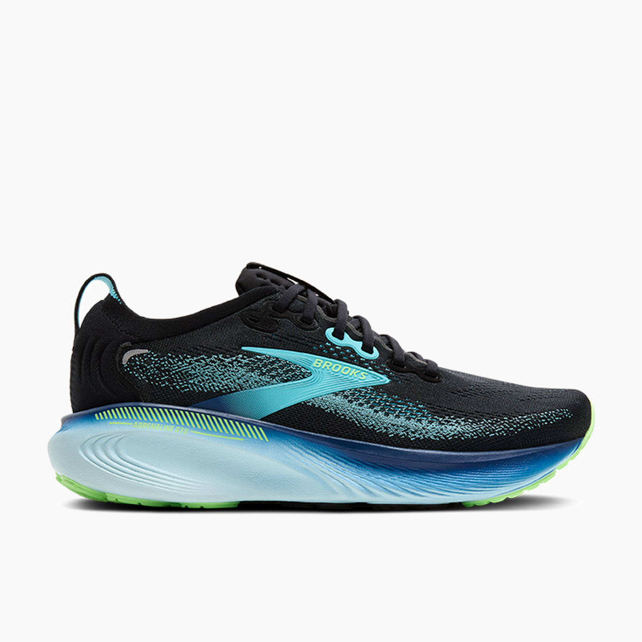 Lateral angle shot of Men's Adrenaline GTS 25 in Black / Ipanema / Mint