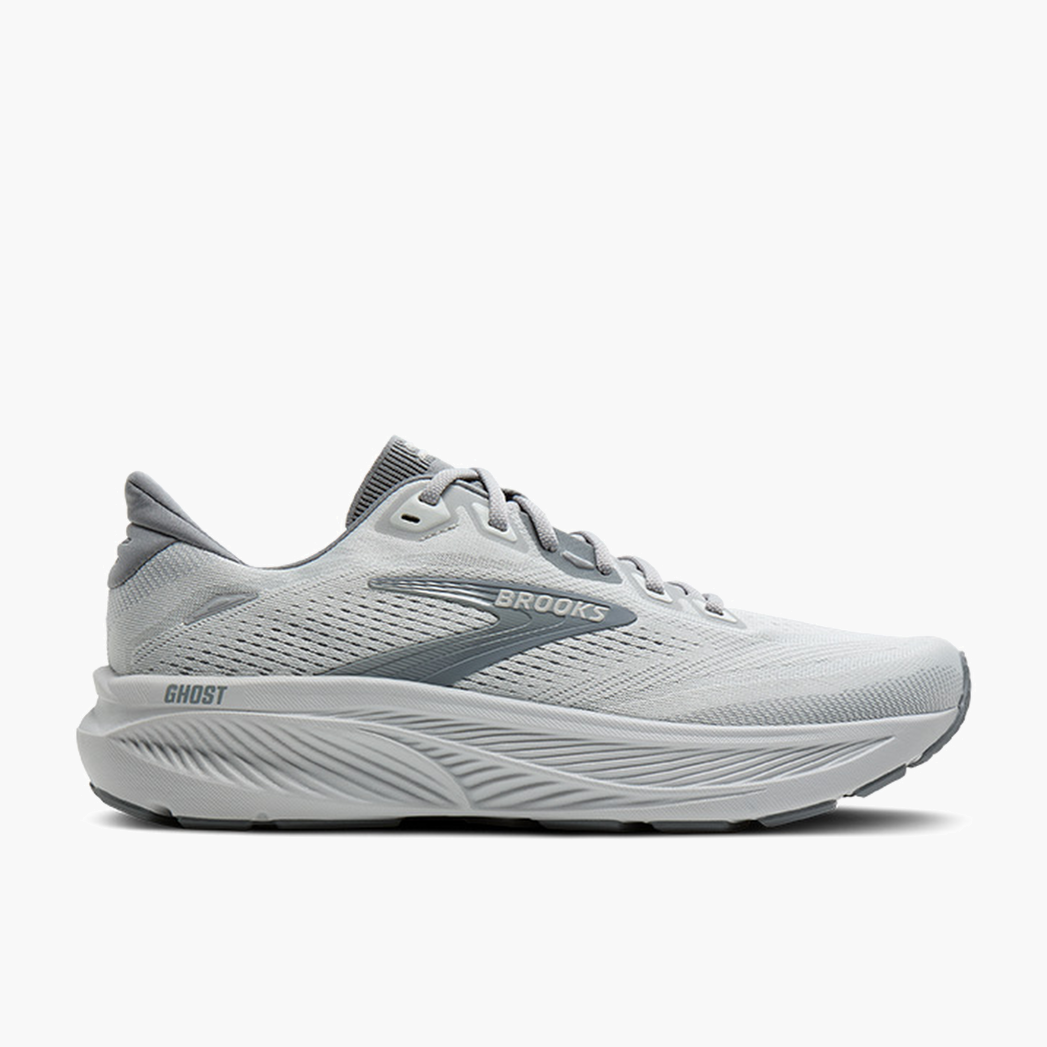 Lateral angle shot of Men's Ghost 18 in Primer Grey / Oyster Mushroom