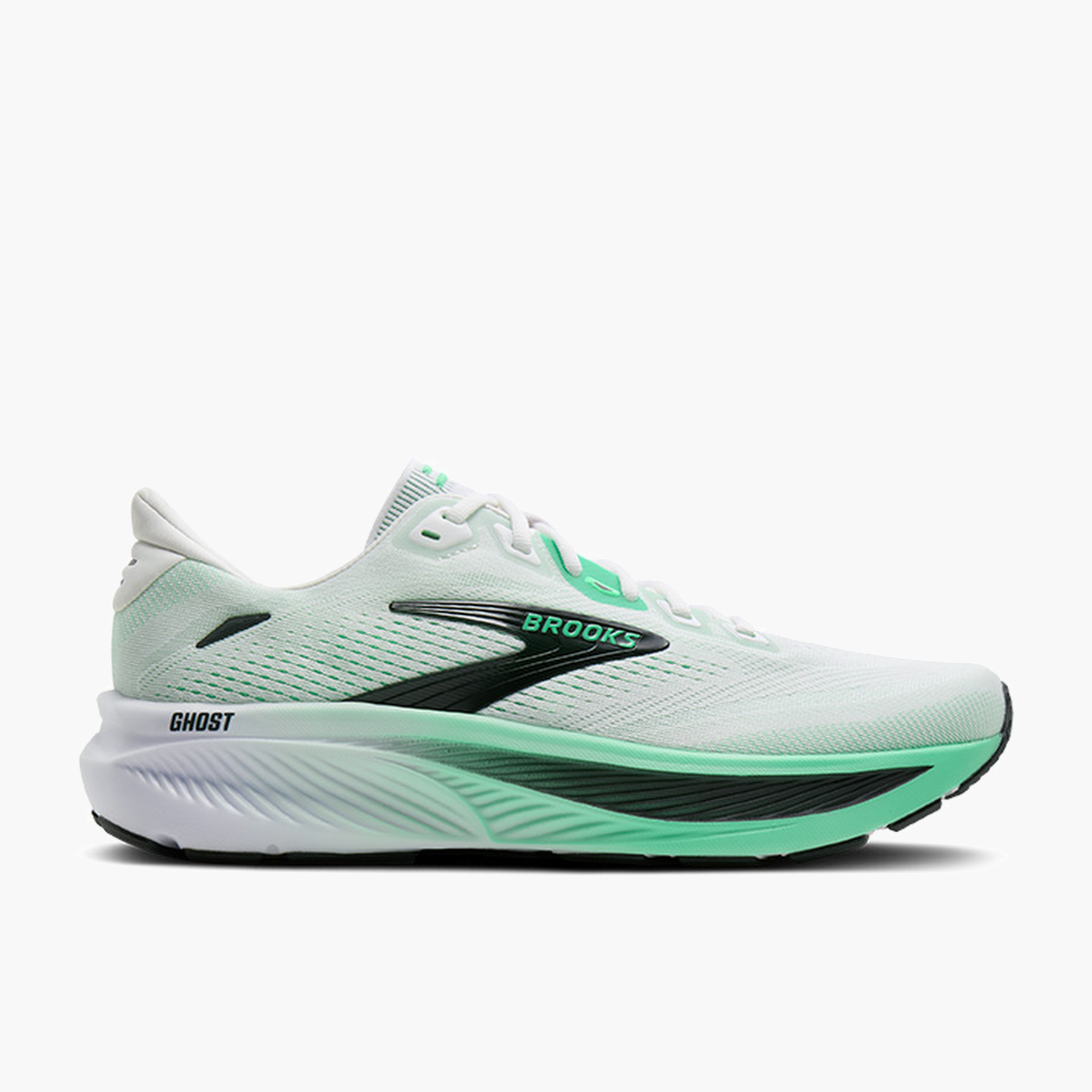 Lateral angle shot of Men's Ghost 18 in White / Spring Bud / Spruce