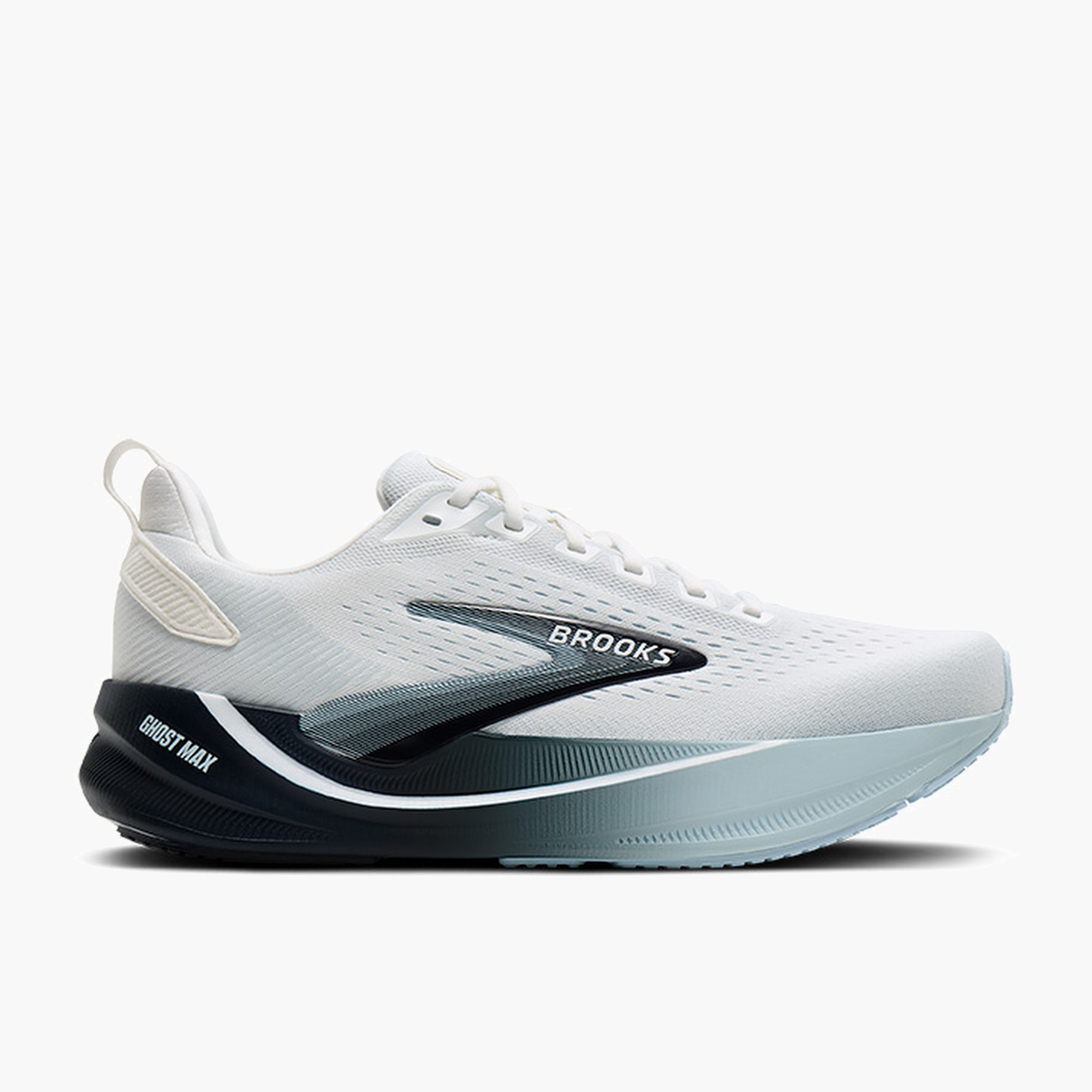 Lateral angle shot of Men's Ghost Max 4 in White / Navy / Blue
