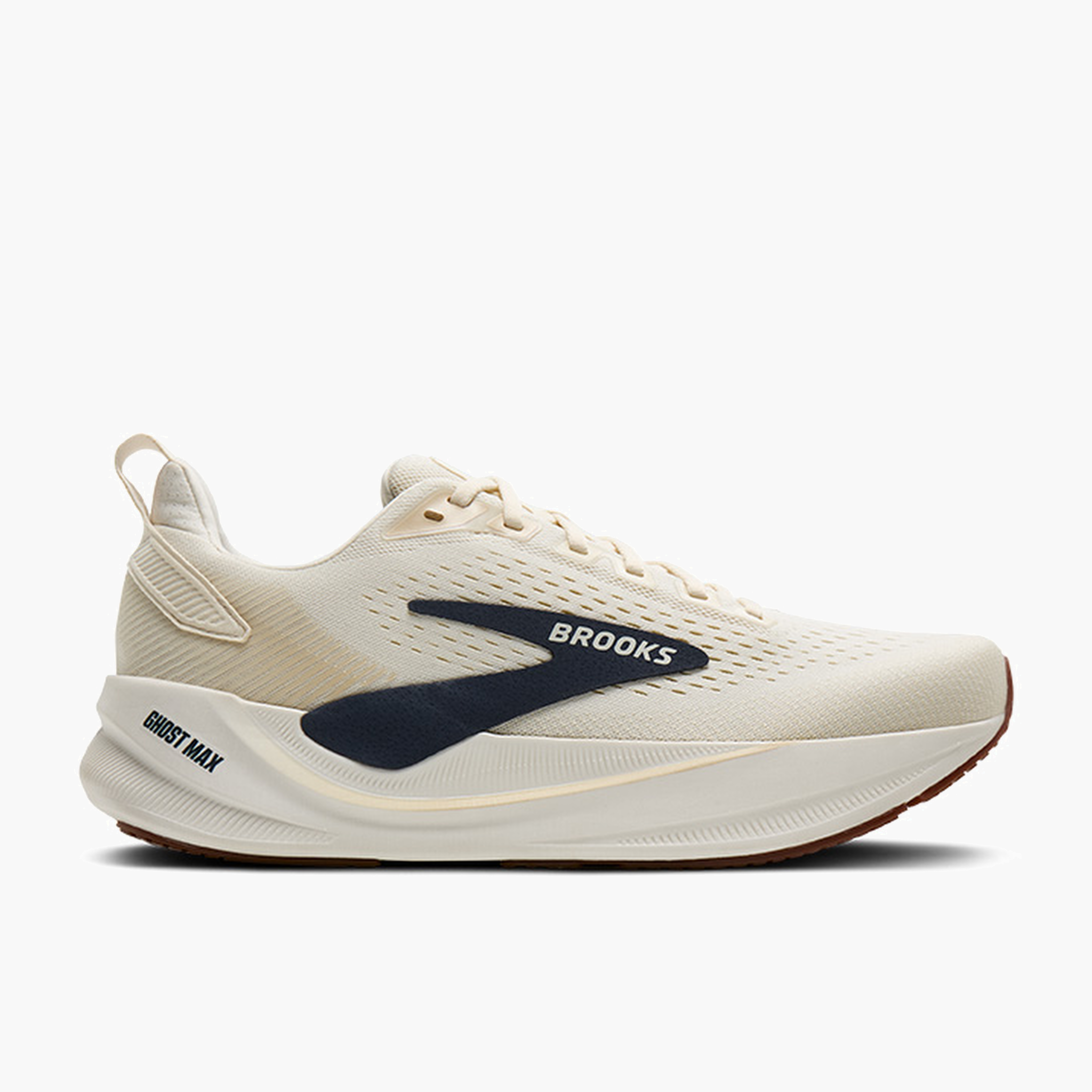 Lateral angle shot of Men's Ghost Max 4 in Arctic Wolf / Navy / Coconut