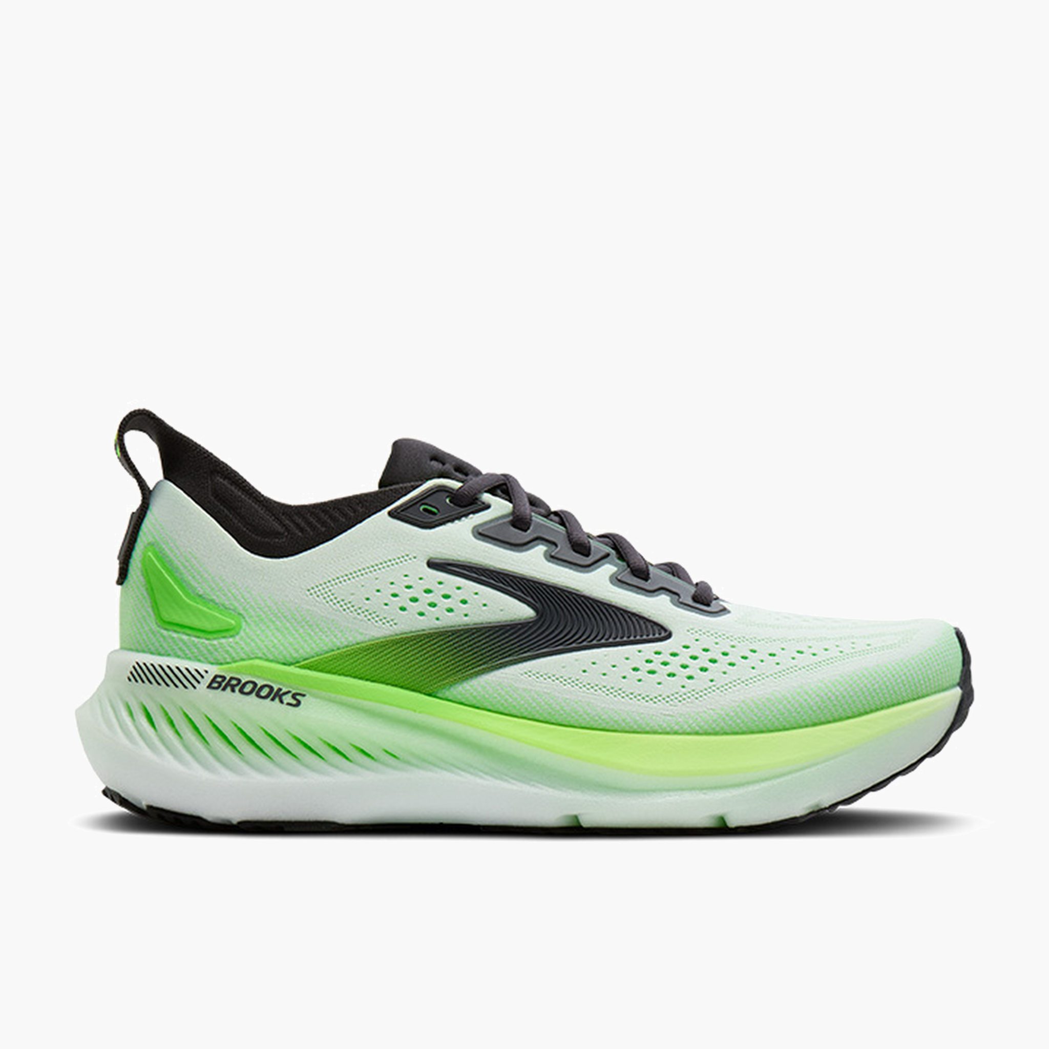 Lateral angle shot of Men's Glycerin GTS 23 in White / Phantom / Green Gecko