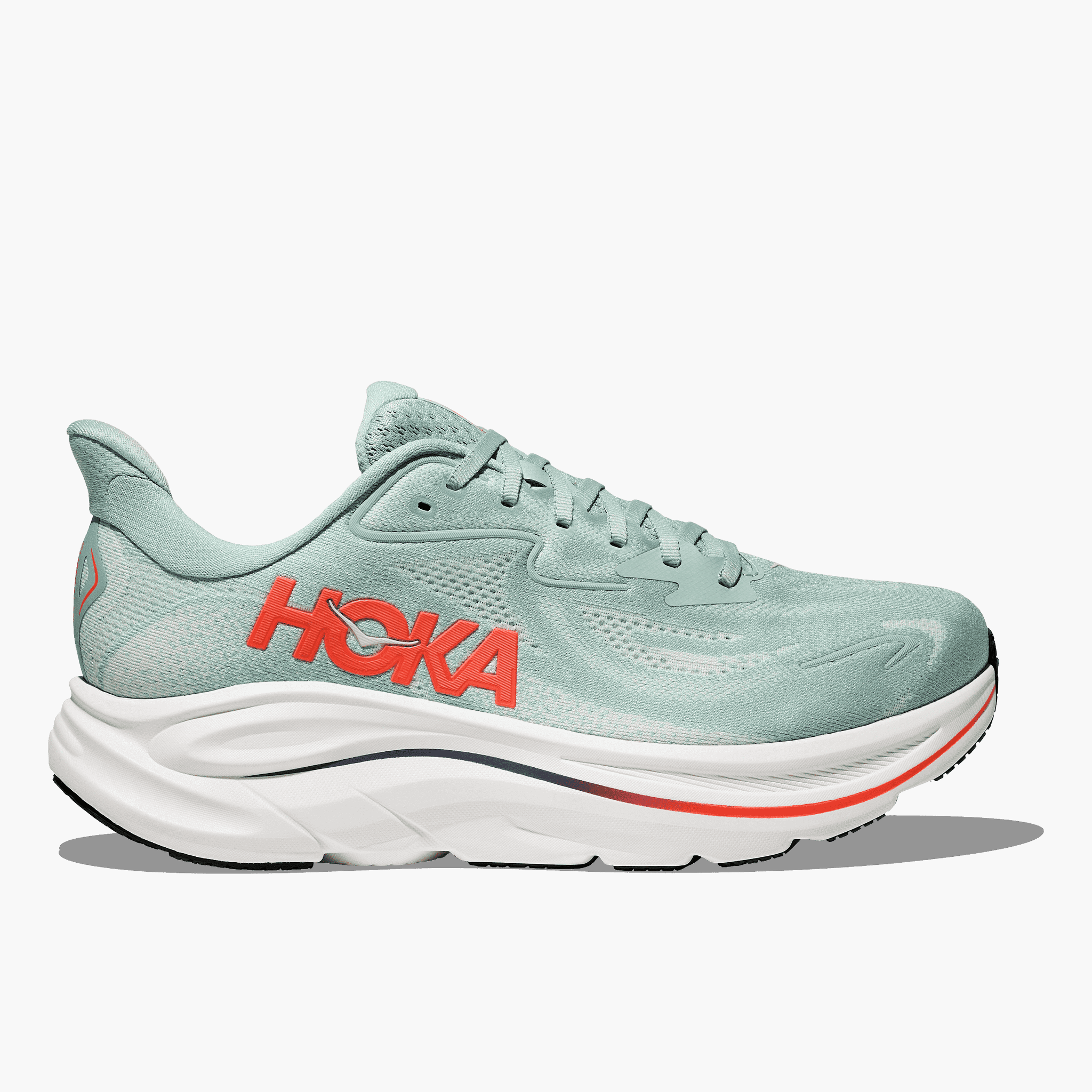 Lateral angle shot of Men's Clifton 10 in Sage  /  Neon Flame