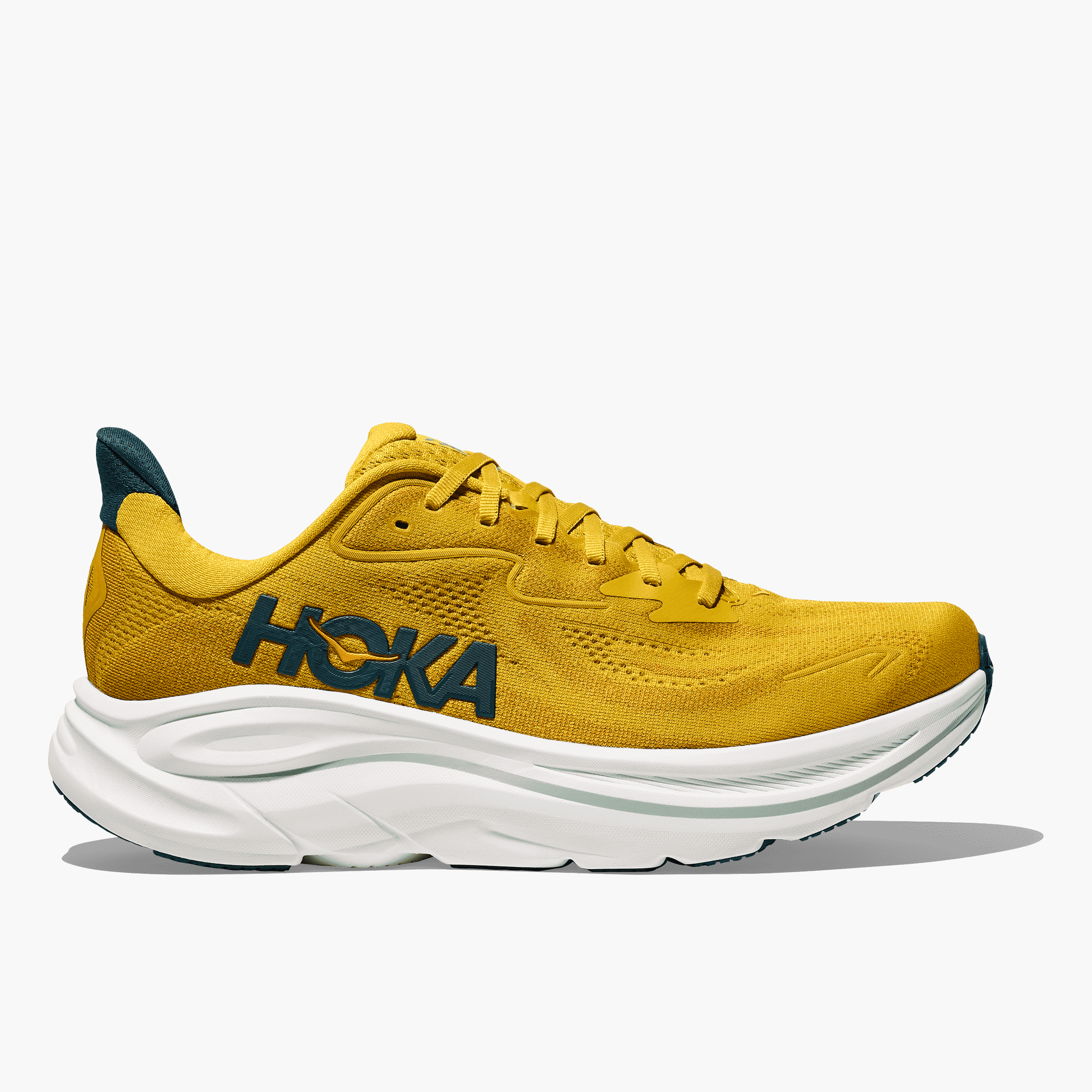 Lateral angle shot of Men's Clifton 10 in Yellow Gold  /  Tidal Wave
