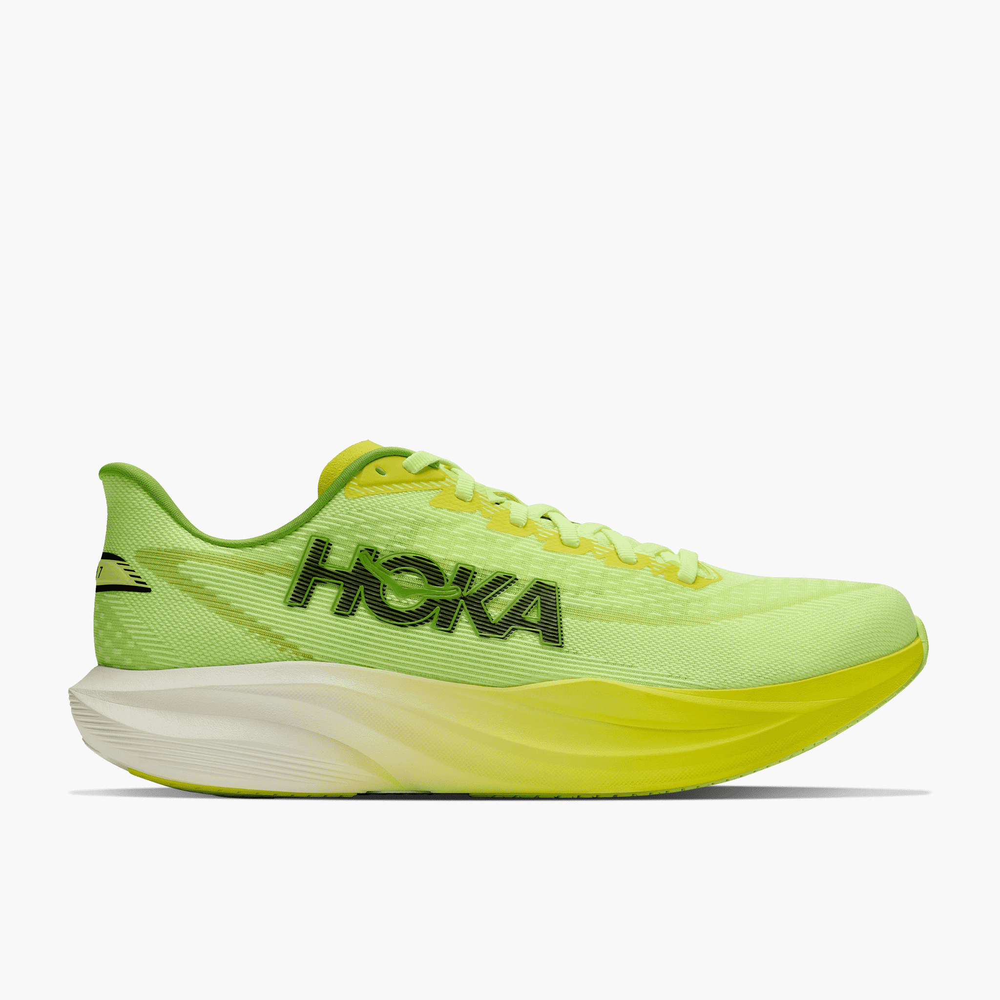 Lateral angle shot of Men's Mach 7 in Neon Yuzu  /  Hoka Citrus