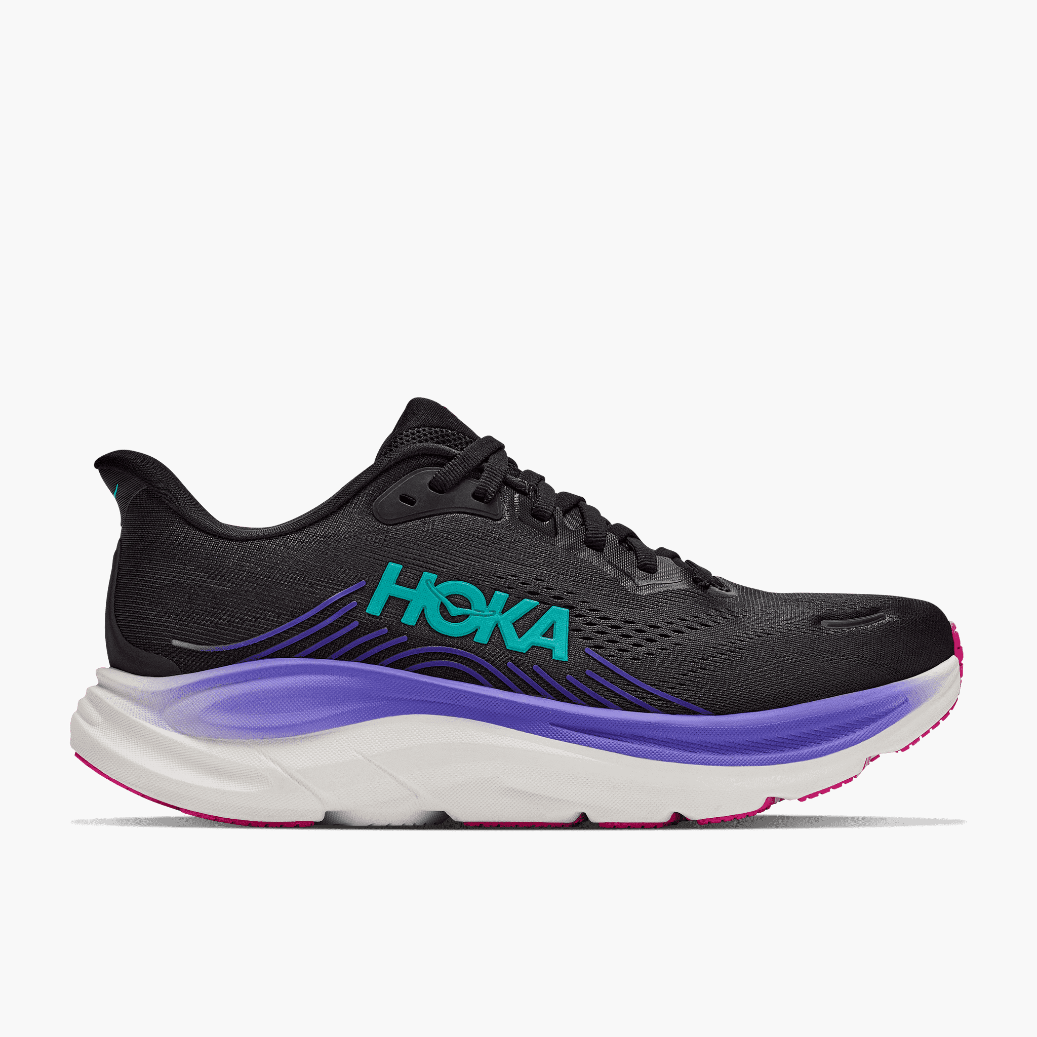Lateral angle shot of Women's Clifton 11 in Black  /  Neon Nebula