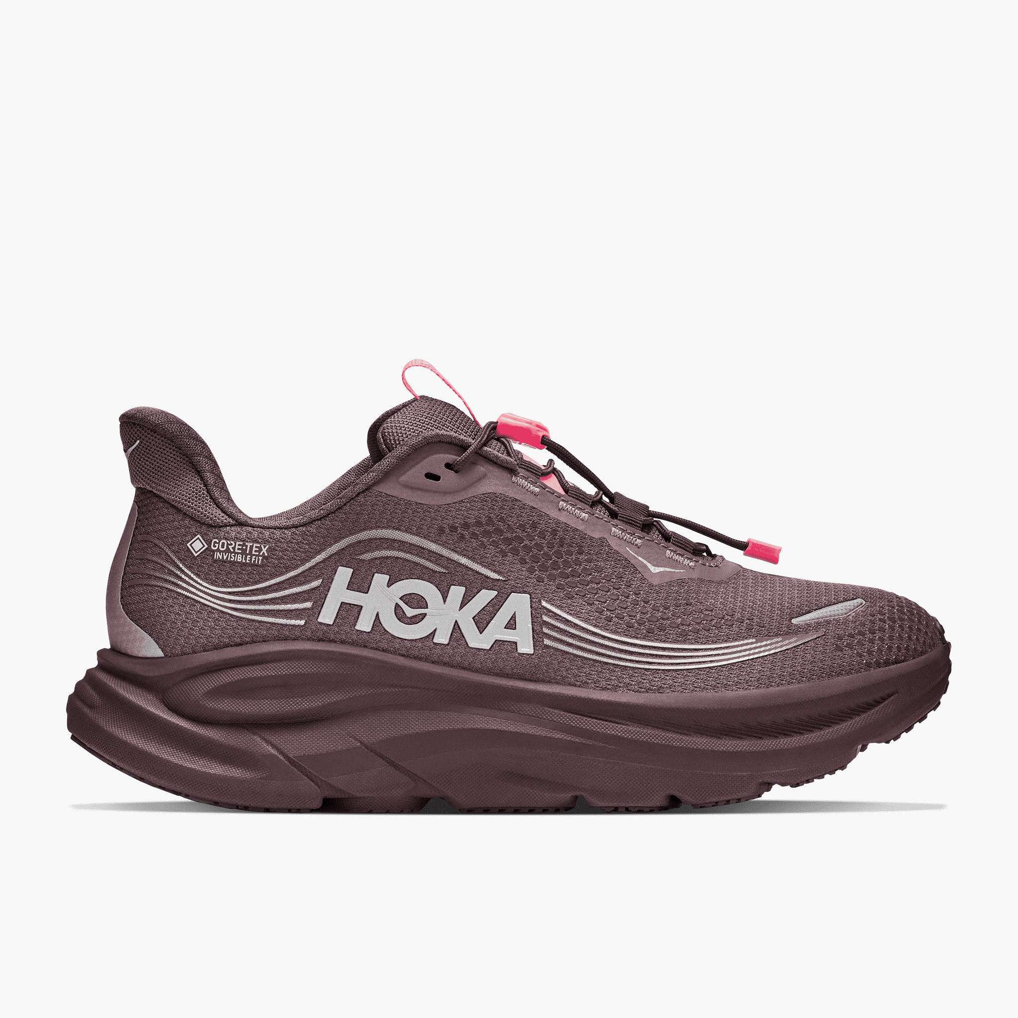 Lateral angle shot of Women's Clifton 11 Gore-Tex in Smoky Quartz  /  Deep Mauve