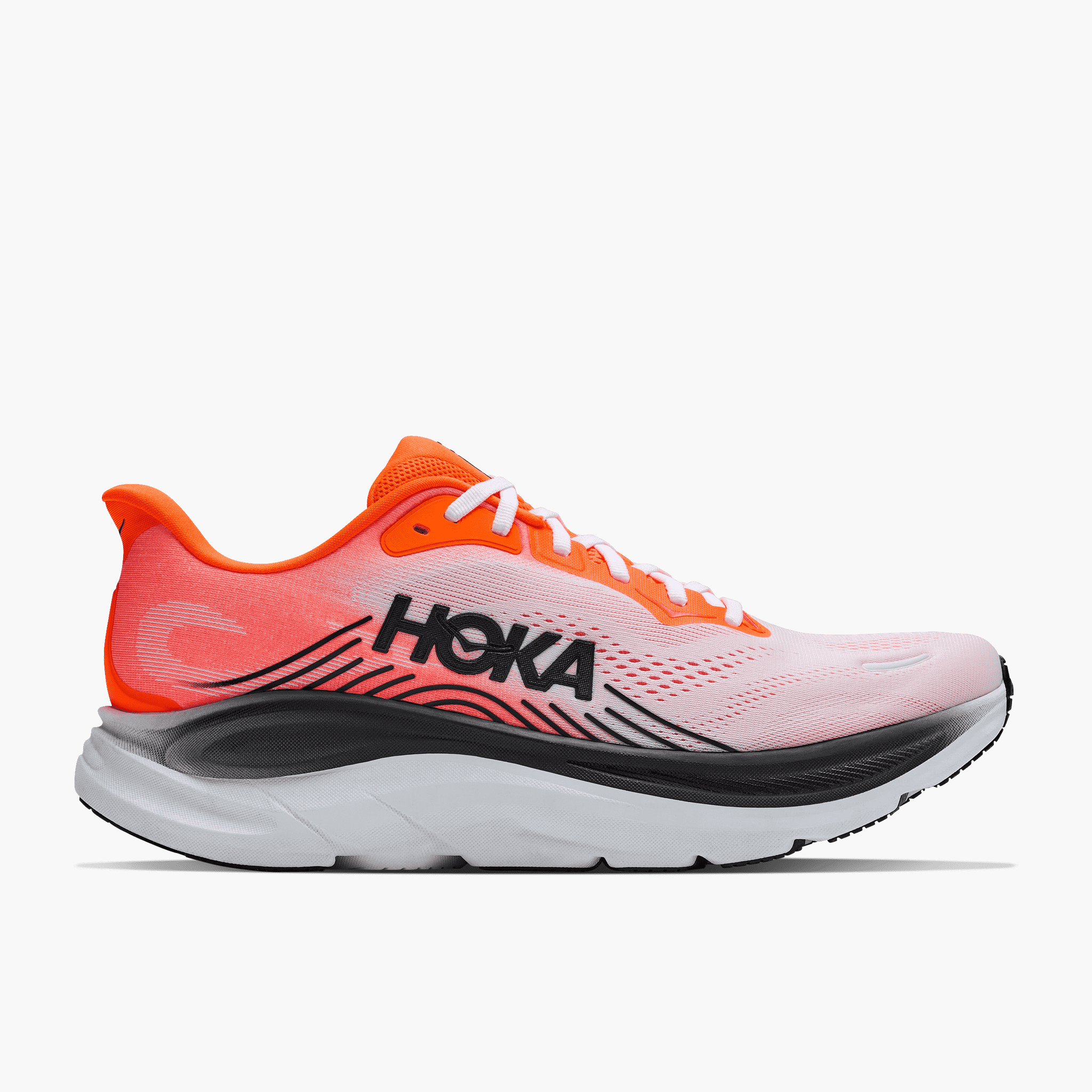 Lateral angle shot of Men's Clifton 11 in Neon Tangerine  /  Frost