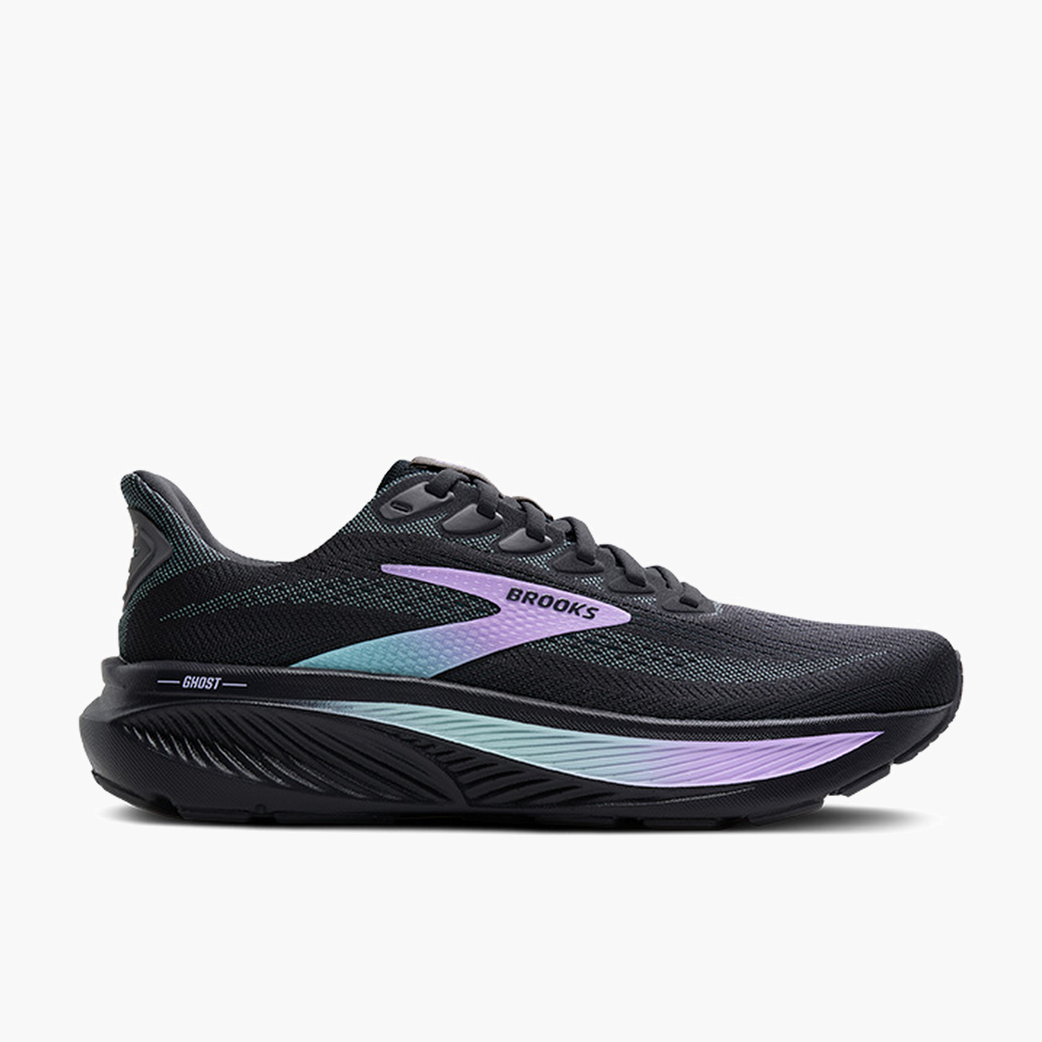 Lateral angle shot of Women's Ghost 17 in Grey / Clearwater / Purple