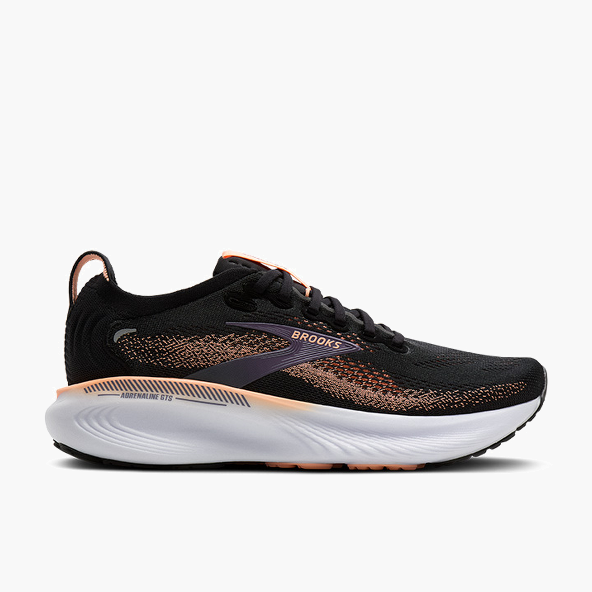 Lateral angle shot of Women's Adrenaline GTS 25 in Black / Peach / Mulled Grape