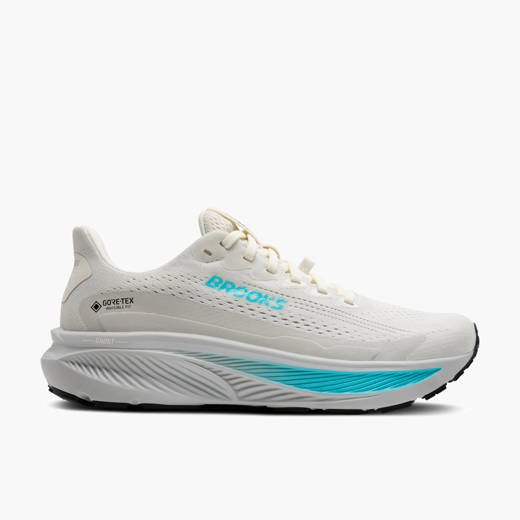 Lateral angle shot of Women's Ghost 17 Gore-Tex in Coconut / Oyster / Blue