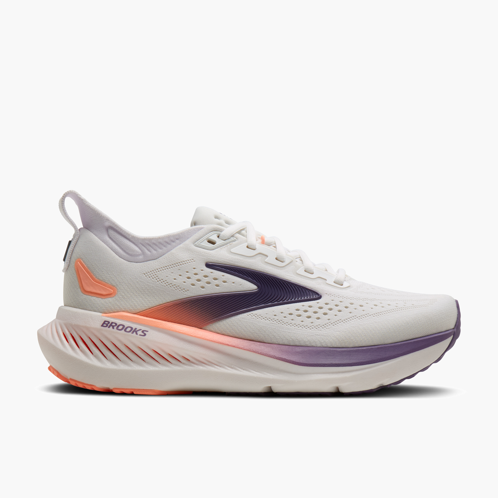 Lateral angle shot of Women's Glycerin 23 in White / Mulled Grape / Clear