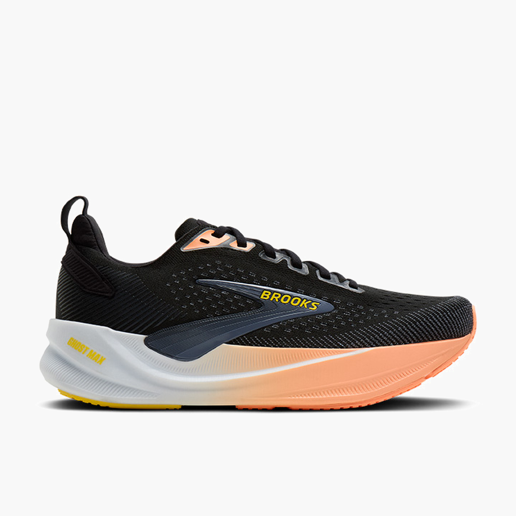Lateral angle shot of Women's Ghost Max 4 in Black / Folkstone / Cyber Peach