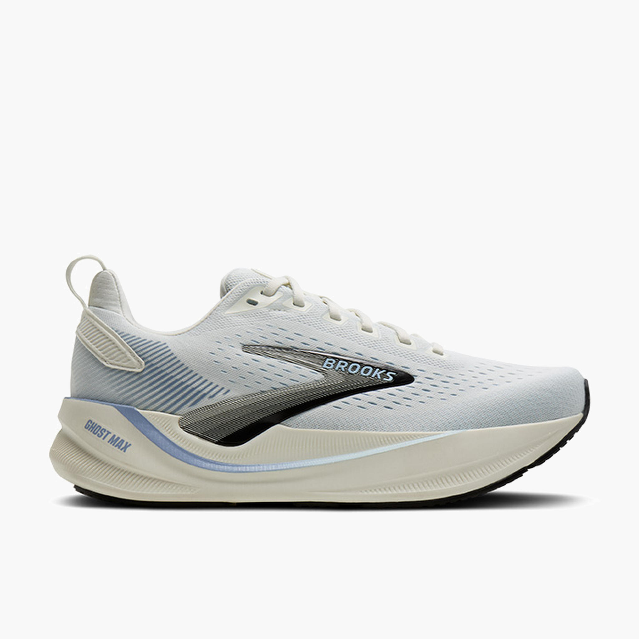Lateral angle shot of Women's Ghost Max 4 in Grey / Nantucket / Rain Washed
