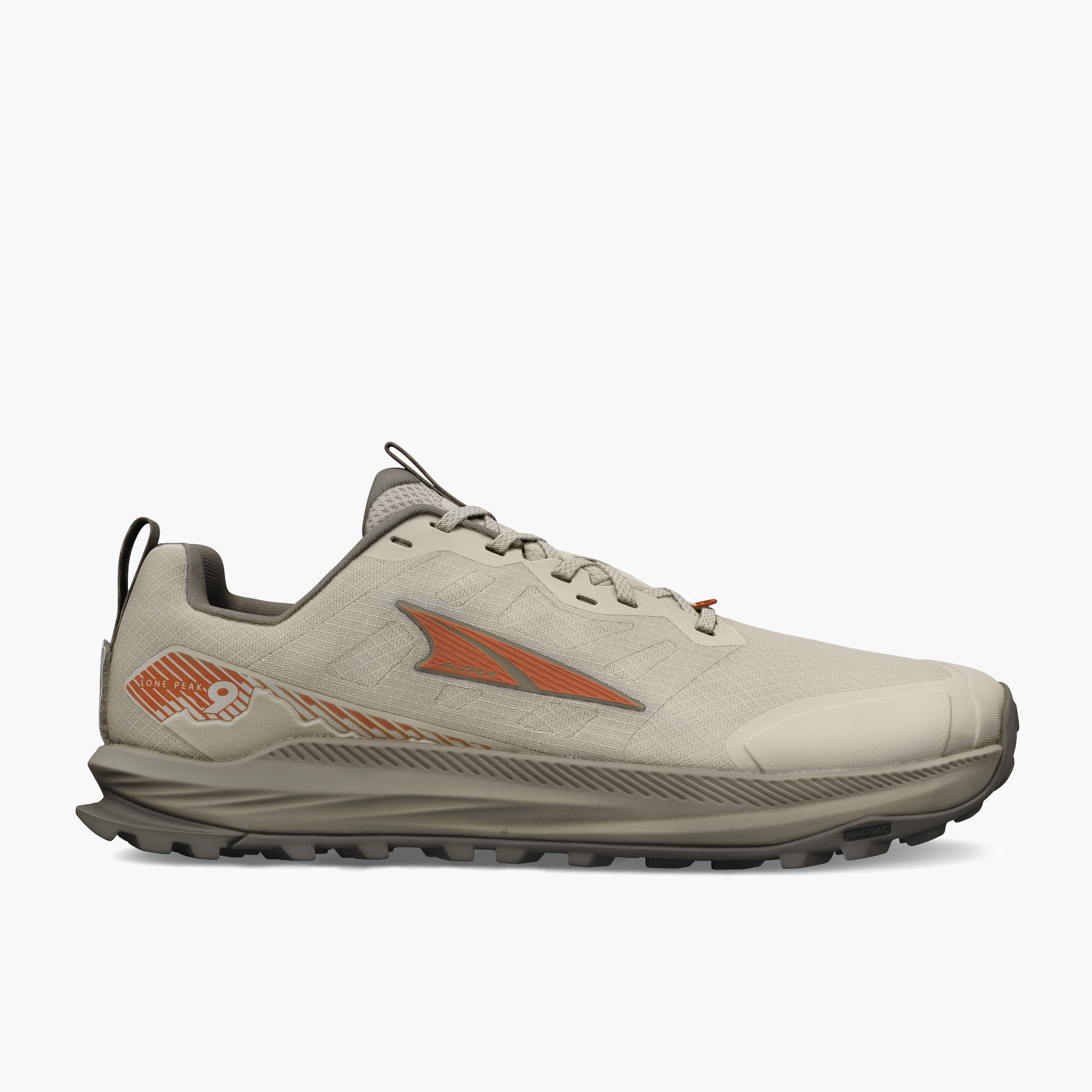 Lateral angle shot of Men's Lone Peak 9 in Tan