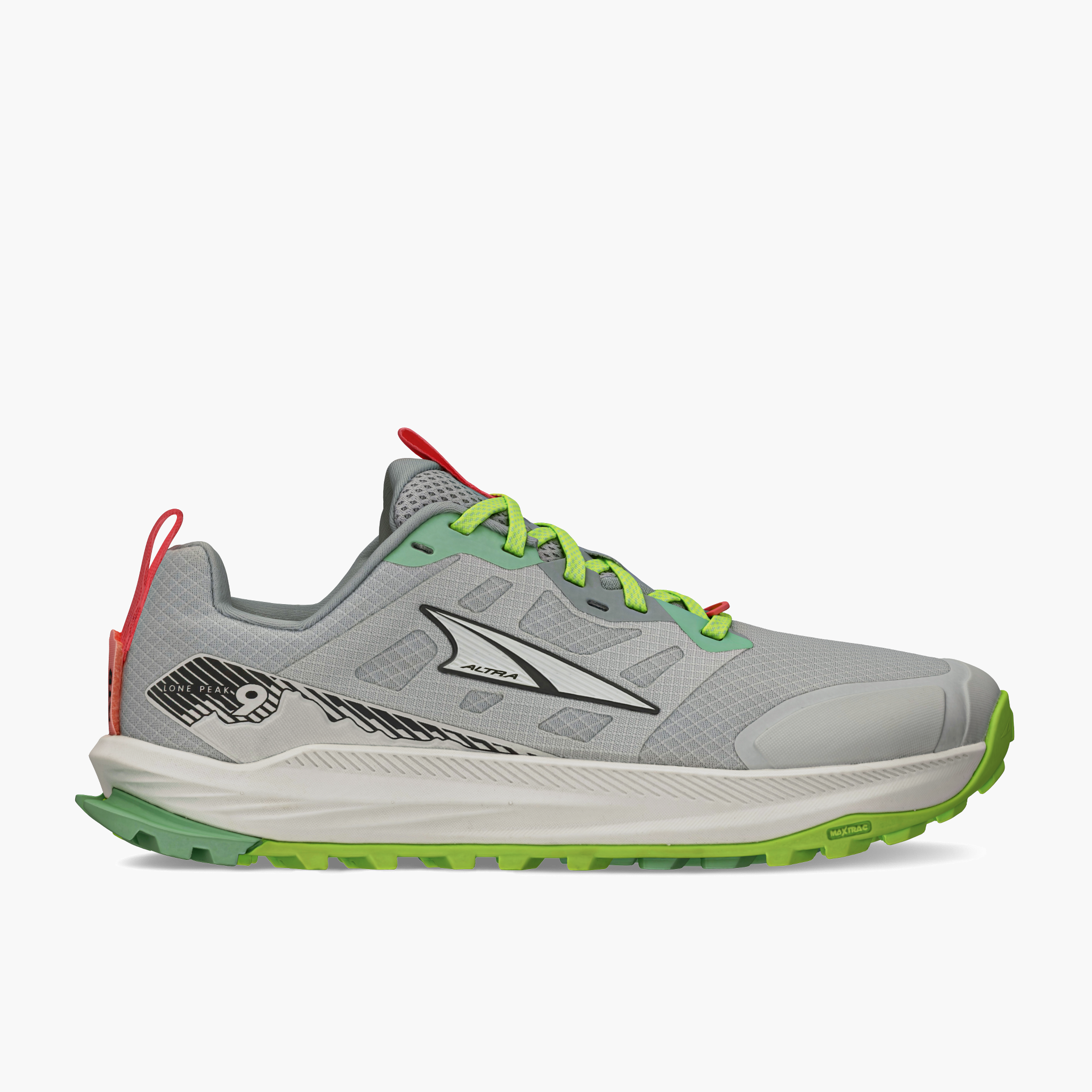Lateral angle shot of Women's Lone Peak 9 in Gray / Lime