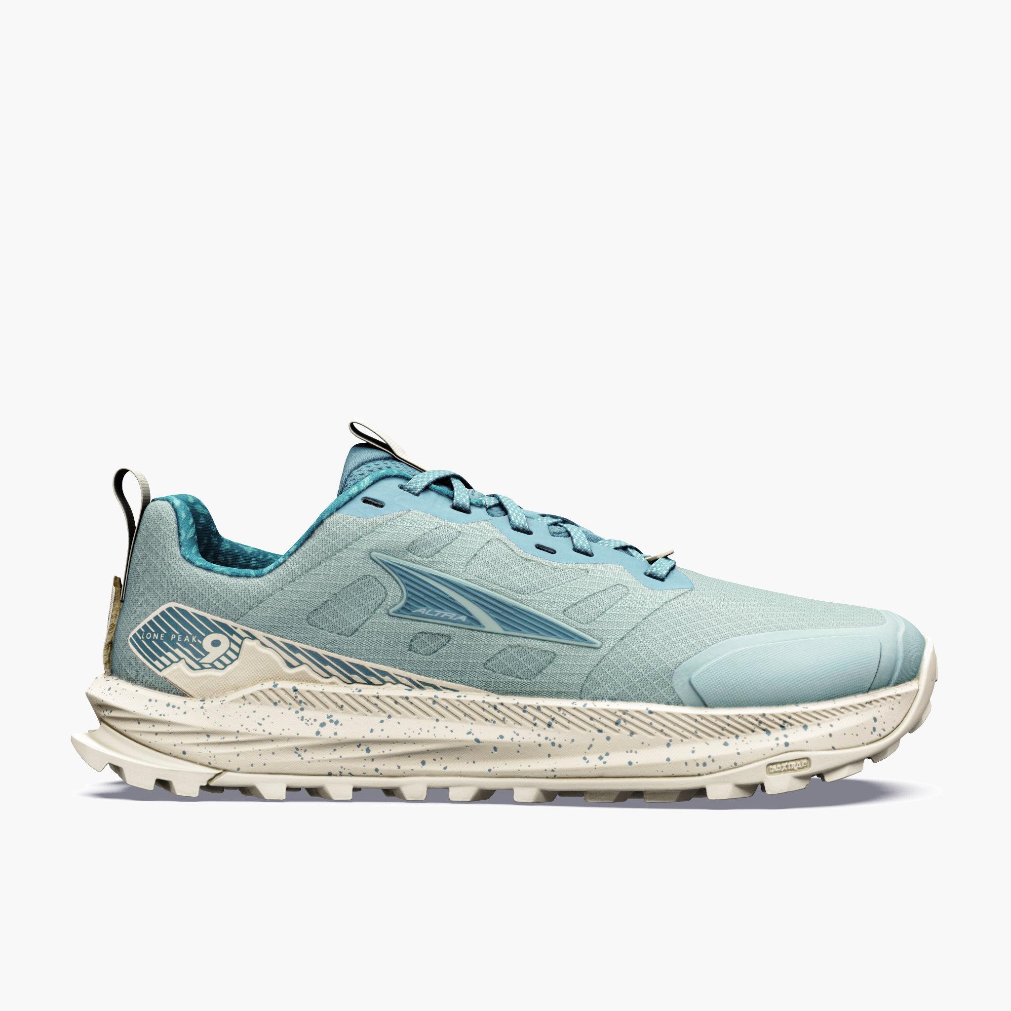 Lateral angle shot of Women's Lone Peak 9 in Green Milieu / Sea Pn / Bwt
