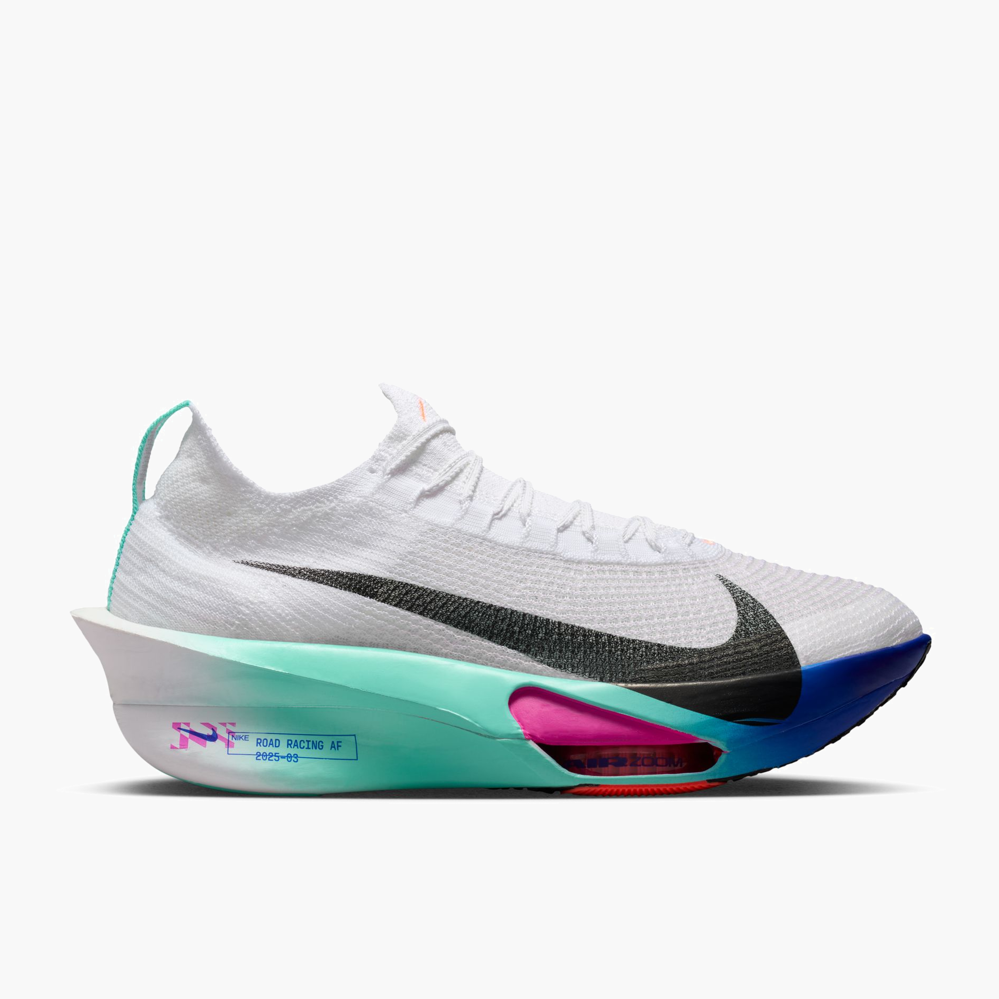 Lateral angle shot of Men's Alphafly 3 in White / Black-Hyper Turq-Concord