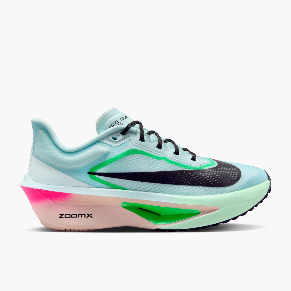 Lateral angle shot of Women's Zoom Fly 6 in Glacier Ice / Black-Hyper Pink-Green Shock