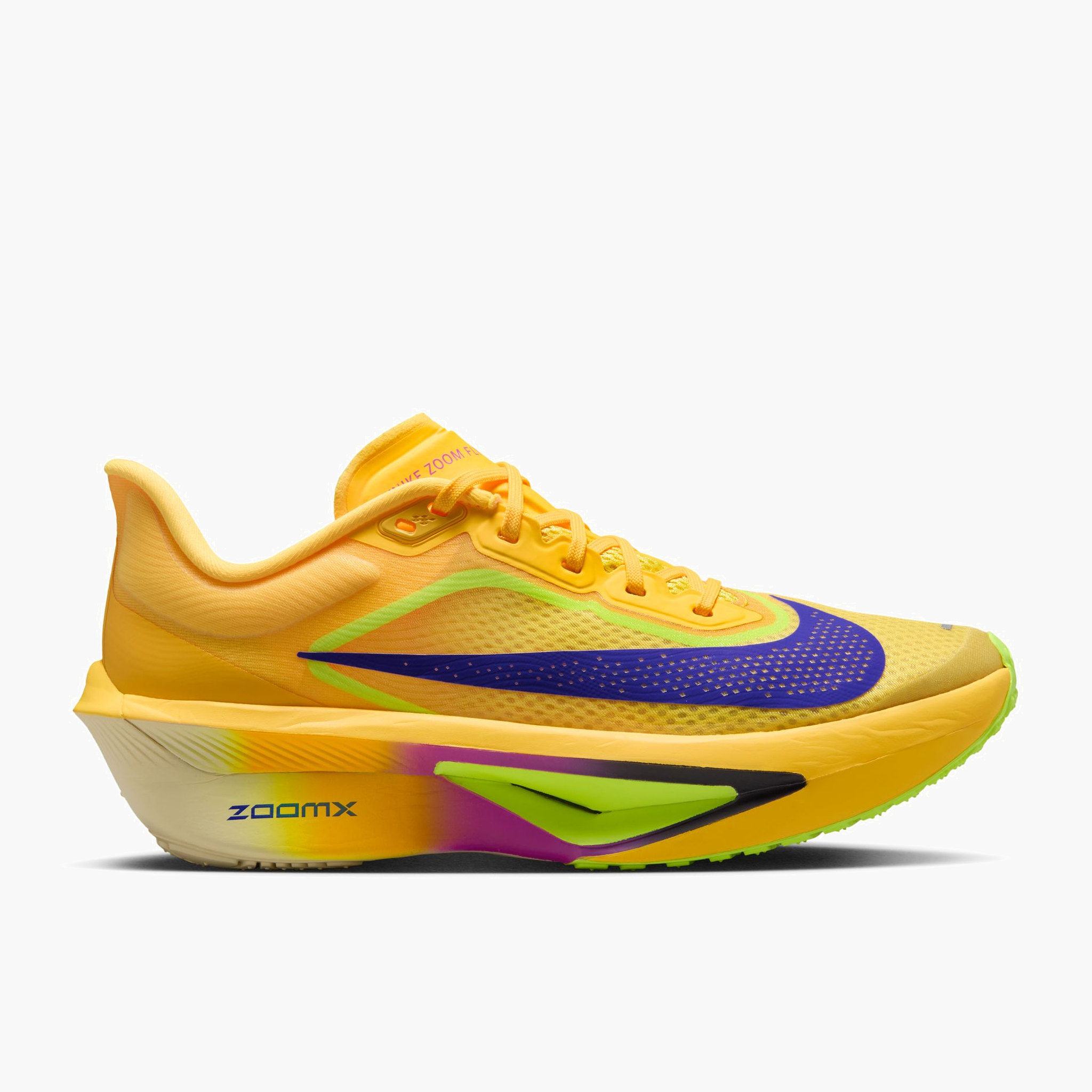 Lateral angle shot of Women's Zoom Fly 6 in Citron Pulse / Indigo Burst-Volt Ice