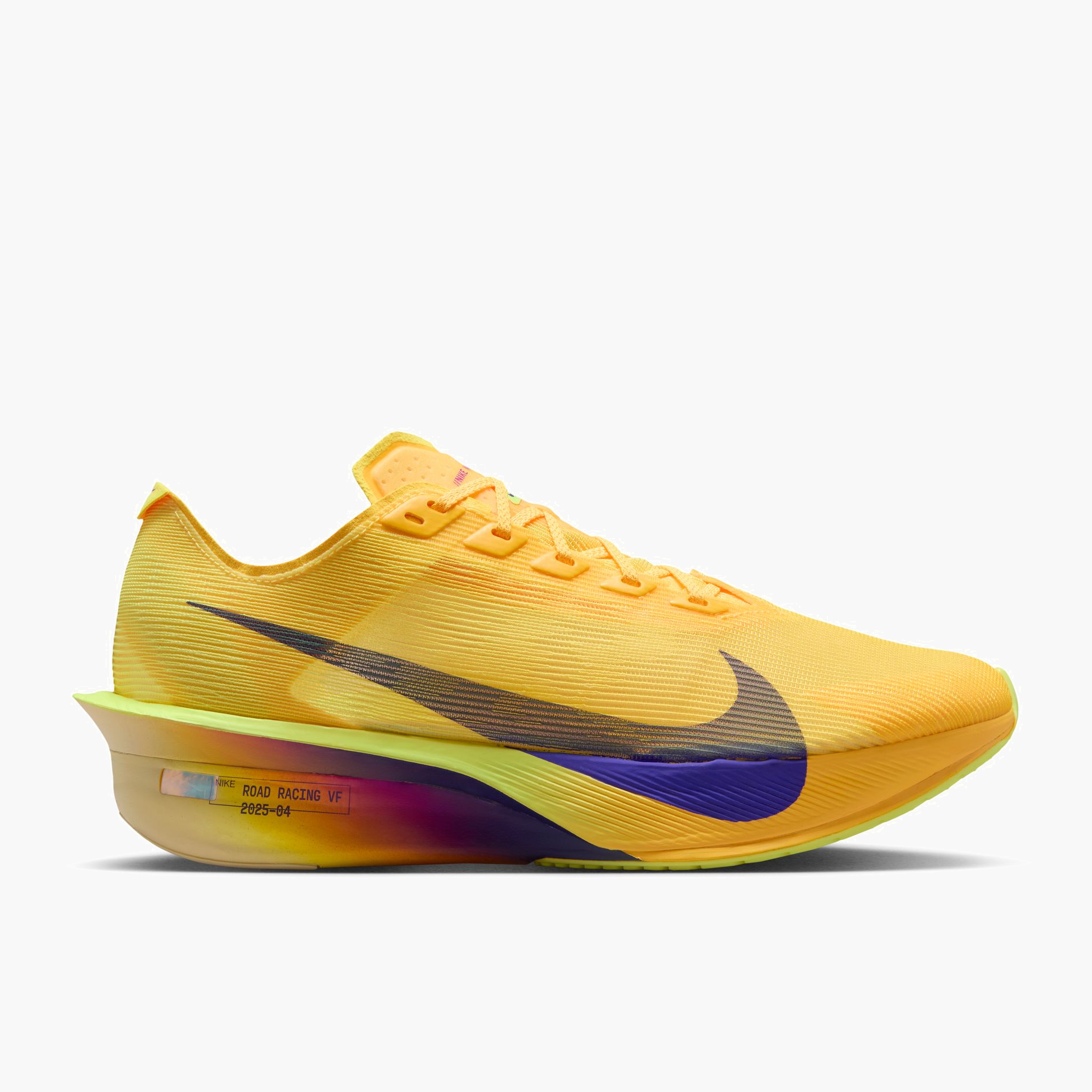 Lateral angle shot of Women's Vaporfly 4 in Citron Pulse / Indigo Burst-Laser Orange