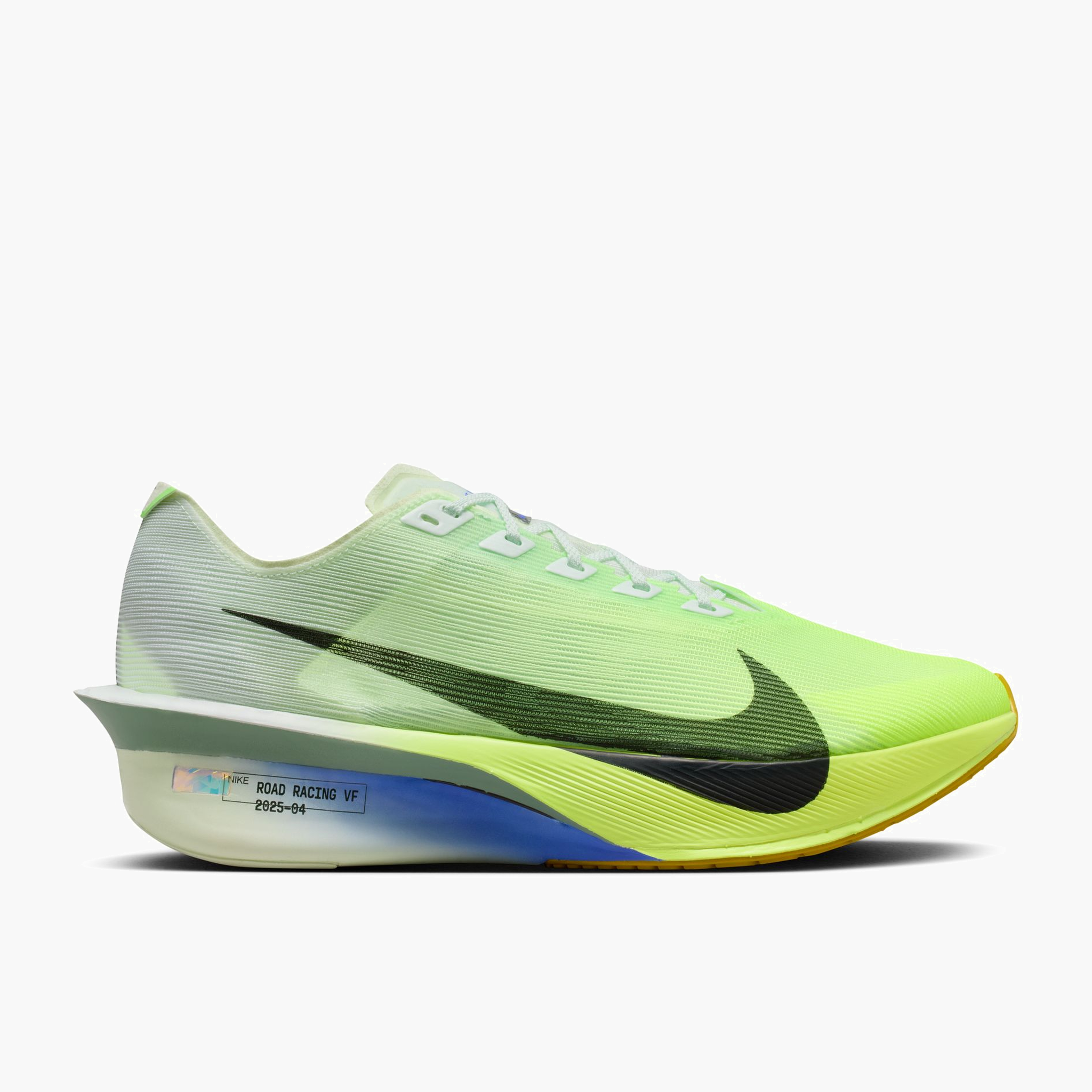 Lateral angle shot of Men's Vaporfly 4 in Barely Green / Black Spruce-Volt Tint