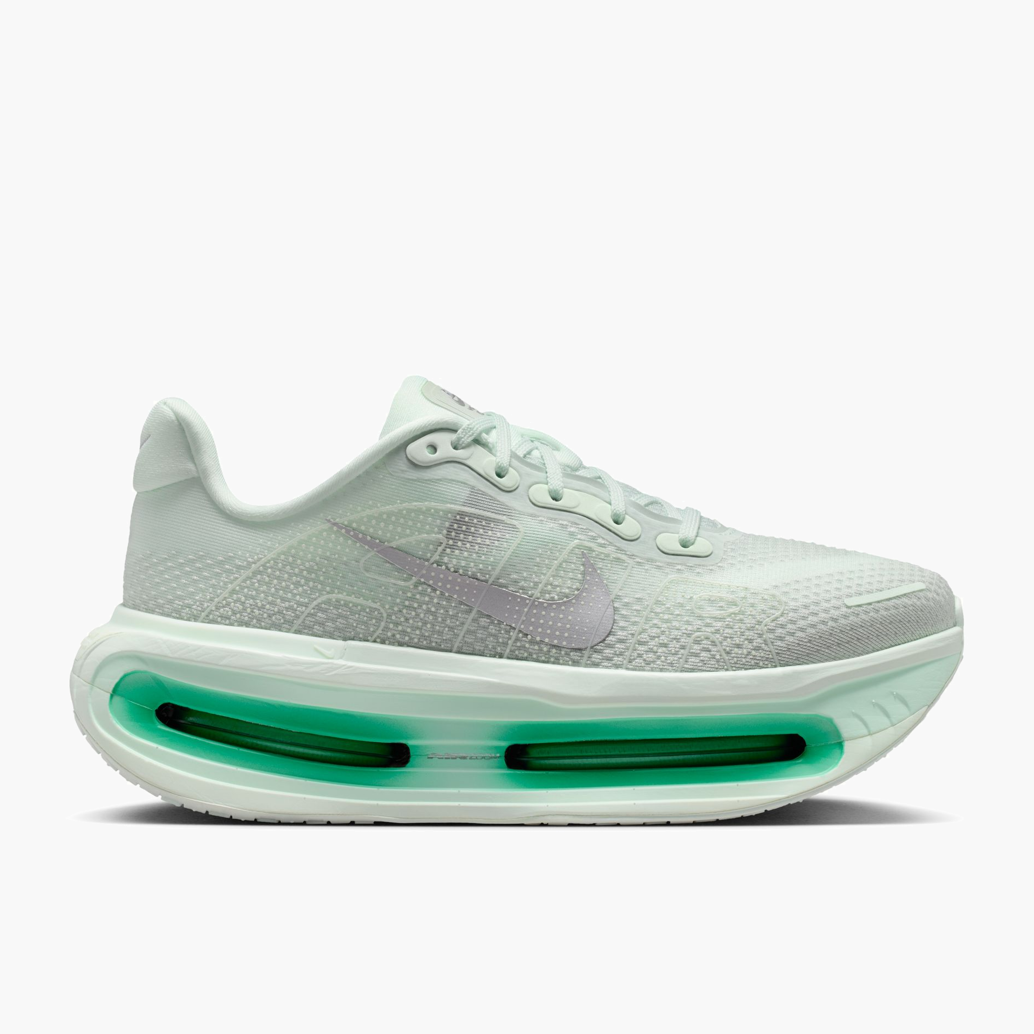 Lateral angle shot of Women's Vomero Premium in Barely Green / Metallic Silver
